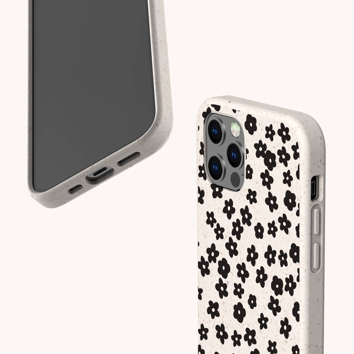 Here’s a rewritten version using the provided product name: Two views of a smartphone fitted with the Little Black Flowers Eco-Friendly Biodegradable Phone Case, featuring a beige design adorned with small black flower patterns. The case protects the back and sides of the phone, which has a triple camera setup. The background is plain and light-colored.
