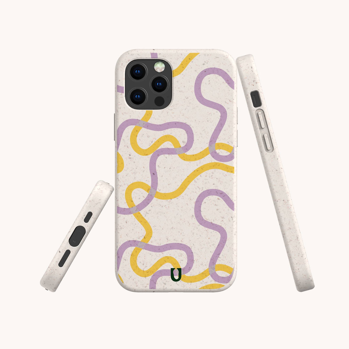 Three views of the Purple and Yellow Swirls Eco-Friendly Biodegradable Phone Case are shown, featuring artistic purple and yellow squiggly lines on a white, speckled surface with a camera cutout. The case is displayed from the front, side, and bottom angles against a light background.
