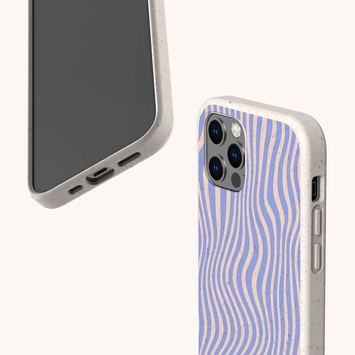 Two smartphones in beige Blue Distort Lines Eco-Friendly Phone Cases; one case displays a back view featuring wavy blue and beige lines, while the other highlights the bottom ports and part of the screen. These stylish, sustainable phone cases are compatible with both iPhone and Samsung models—perfect for anyone seeking eco-conscious protection without compromising versatility.
