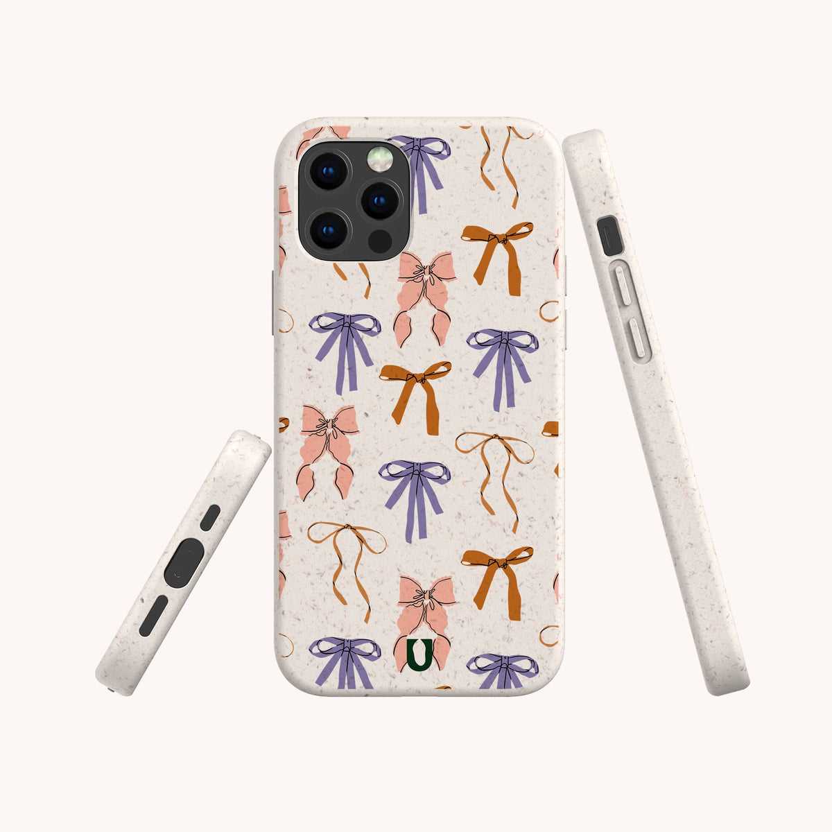 Introducing the Bows Eco-Friendly Biodegradable Phone Case, a plant-based phone case adorned with a playful pattern of pink, purple, and orange bows on a cream background. This sustainable case is showcased from multiple angles—including the front, back, and sides—to highlight its thoughtful design and eco-friendly features.