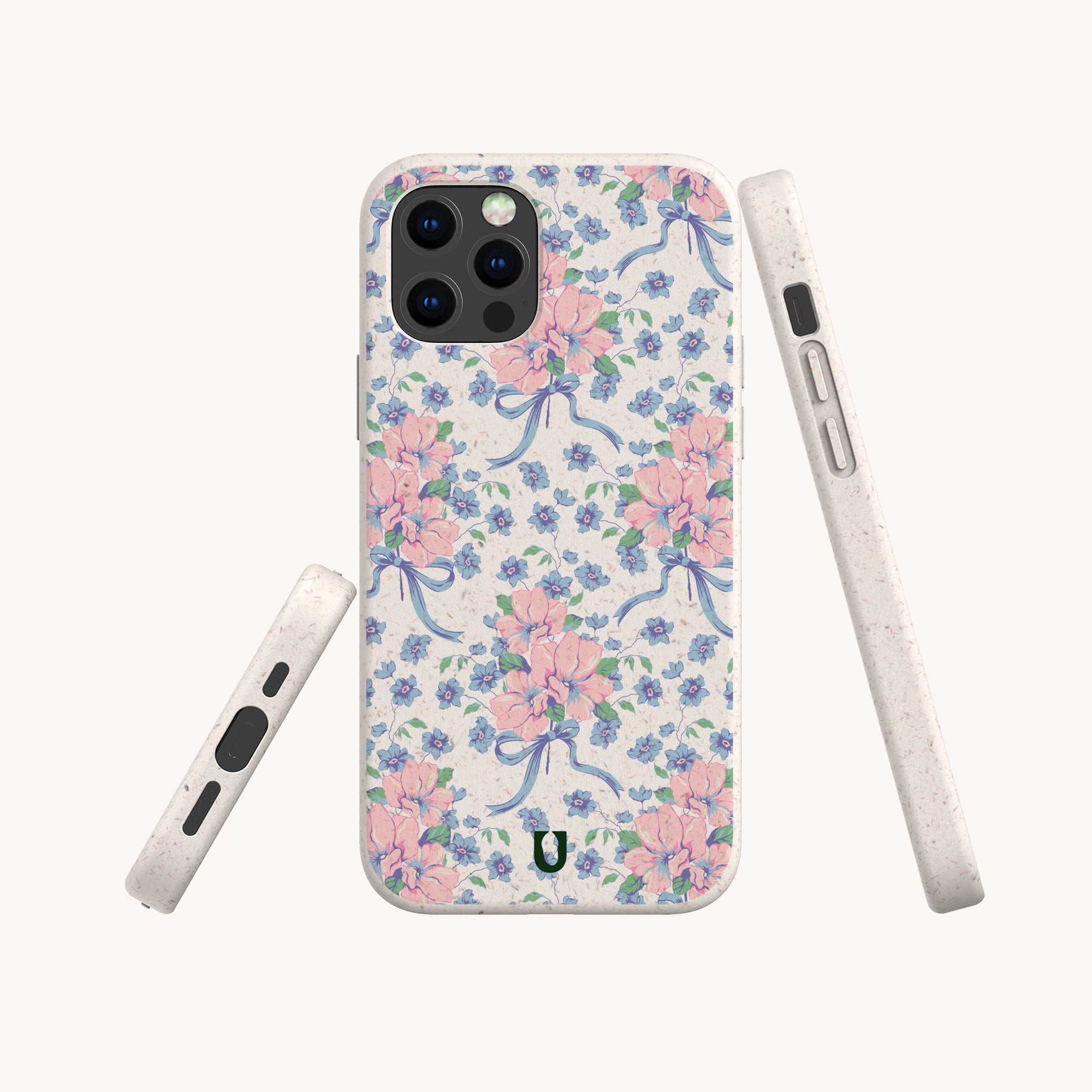 The Pink and Blue Coquette Flowers Eco-Friendly Biodegradable Phone Case features a pastel floral pattern with blue ribbons and green leaves on a light background, shown from the back, side, and bottom angles.