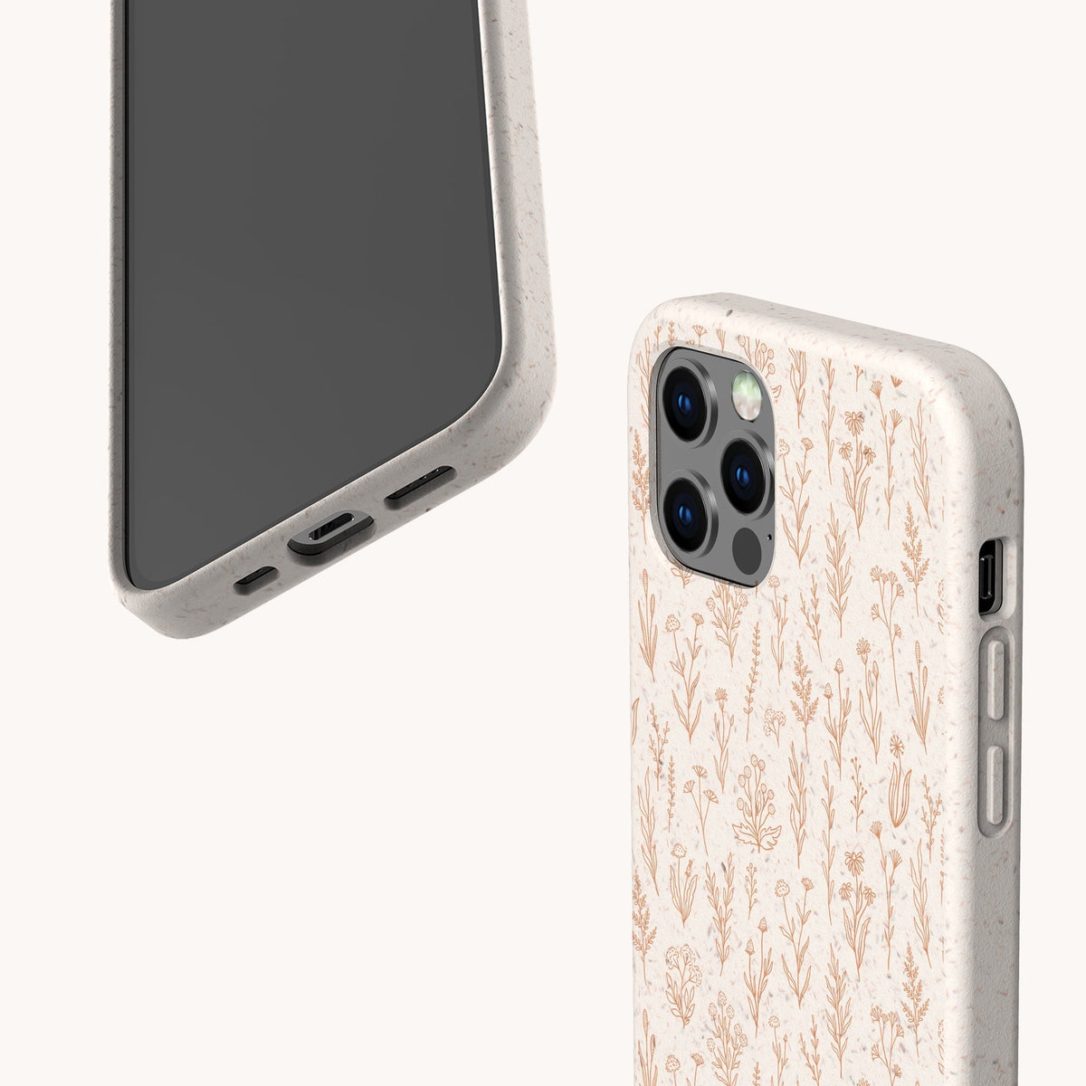 Two Pink Wild Flowers Eco-Friendly Phone Cases for a smartphone, one displaying the front and the other showcasing the back with a delicate floral pattern in soft pink tones. This eco-friendly phone case combines stylish design with sustainability, making it an ideal choice for those who appreciate both aesthetics and environmentally conscious products.