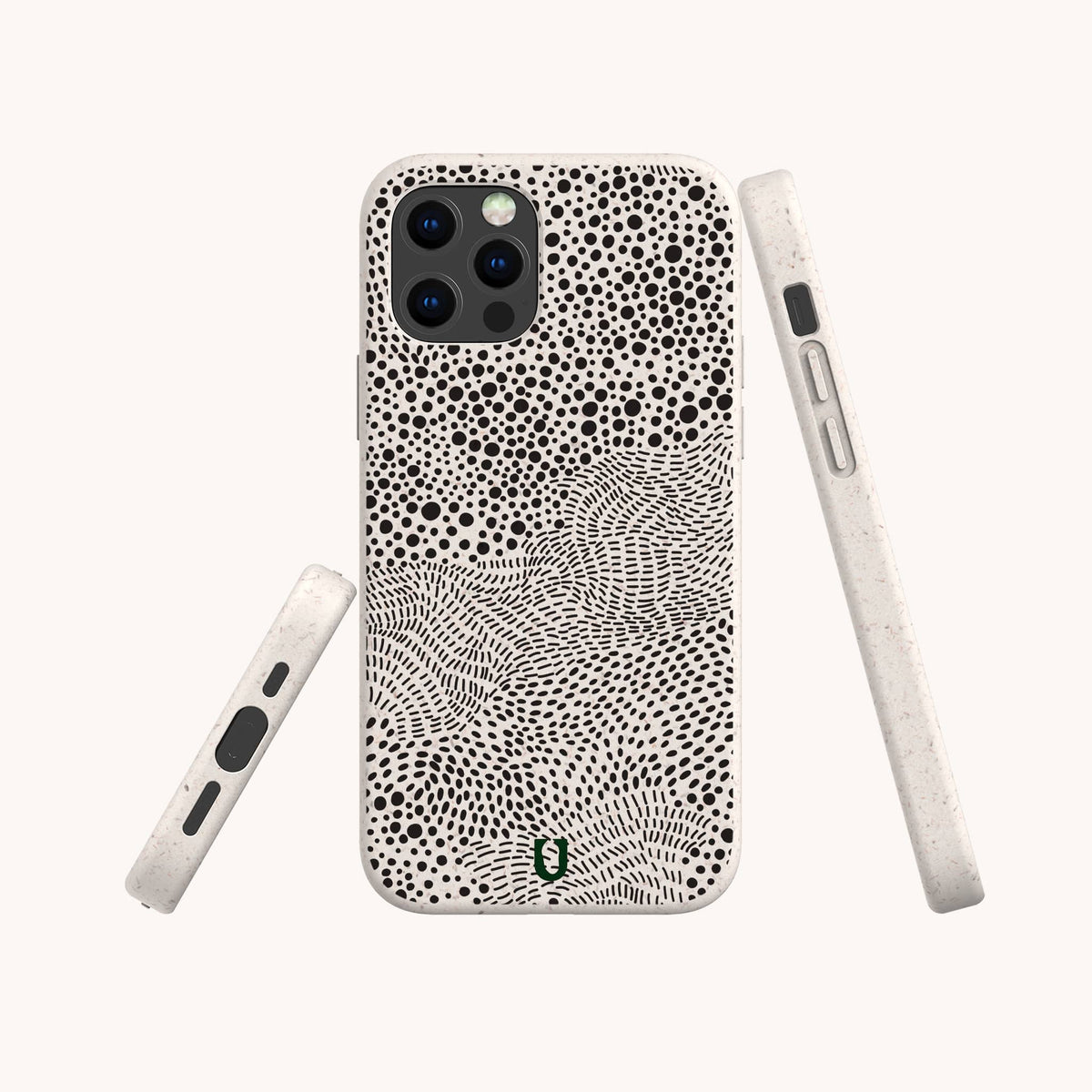 Three views of a smartphone with the Mini Strokes Eco-Friendly Biodegradable Phone Case, showcasing a white base adorned with black, irregular dots and lines forming an abstract pattern. This plant-based phone case covers the back and sides of the phone and features precise cutouts for buttons and ports.
