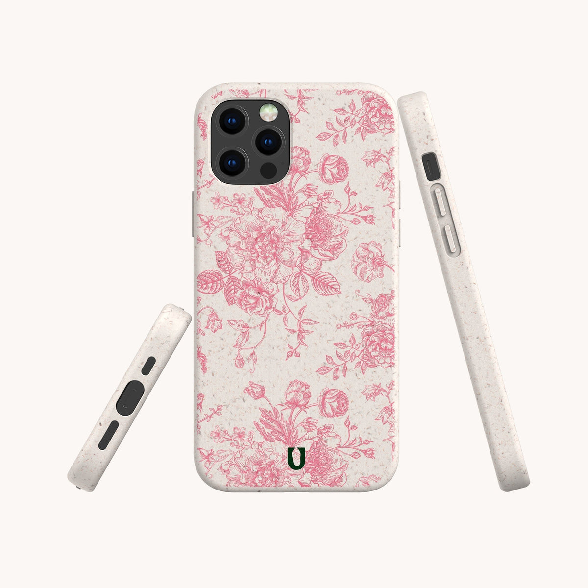 Three views of the Pink Roses Eco-Friendly Phone Case are shown against a white background, featuring a pink floral pattern. This phone case is made using eco-friendly materials, includes precise port cutouts, and displays a small horseshoe-shaped logo on the lower back.