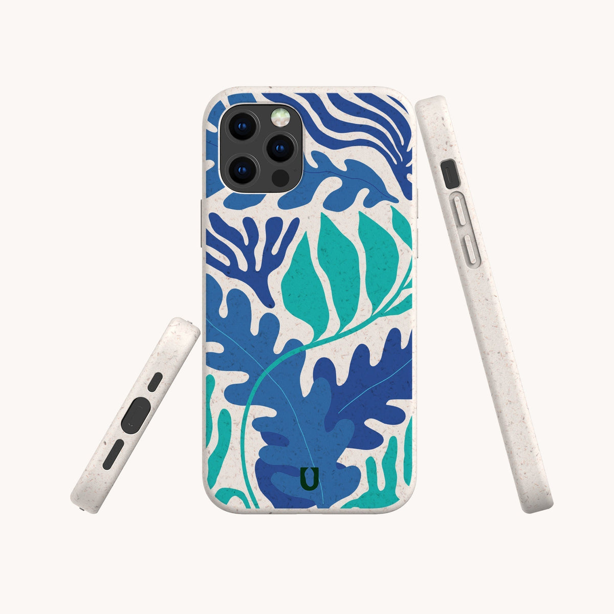 Sea Bed Eco-Friendly Phone Case featuring an abstract blue and green leaf and wave pattern, showcased from the back and sides on a plain white background, blending natural elegance with sustainability.