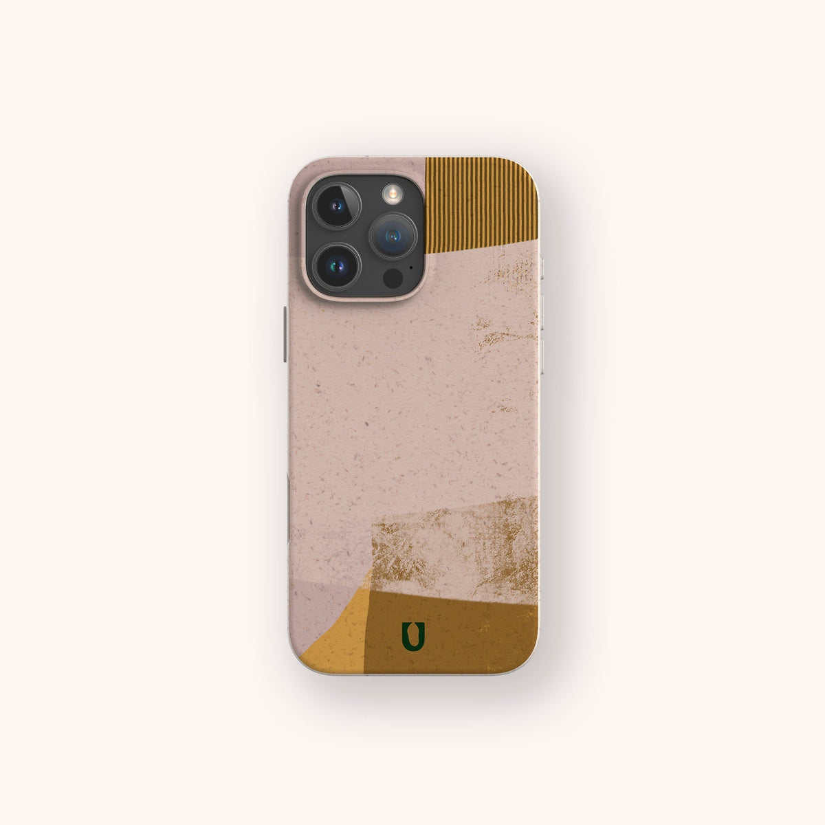 Introducing the Caramel Abstract Strokes Eco-Friendly Phone Case—a sustainable phone case featuring a beige and gold abstract design with bold geometric shapes, an off-white background, and a small green U logo centered at the bottom. This eco-friendly case provides reliable protection for both iPhone and Samsung devices.