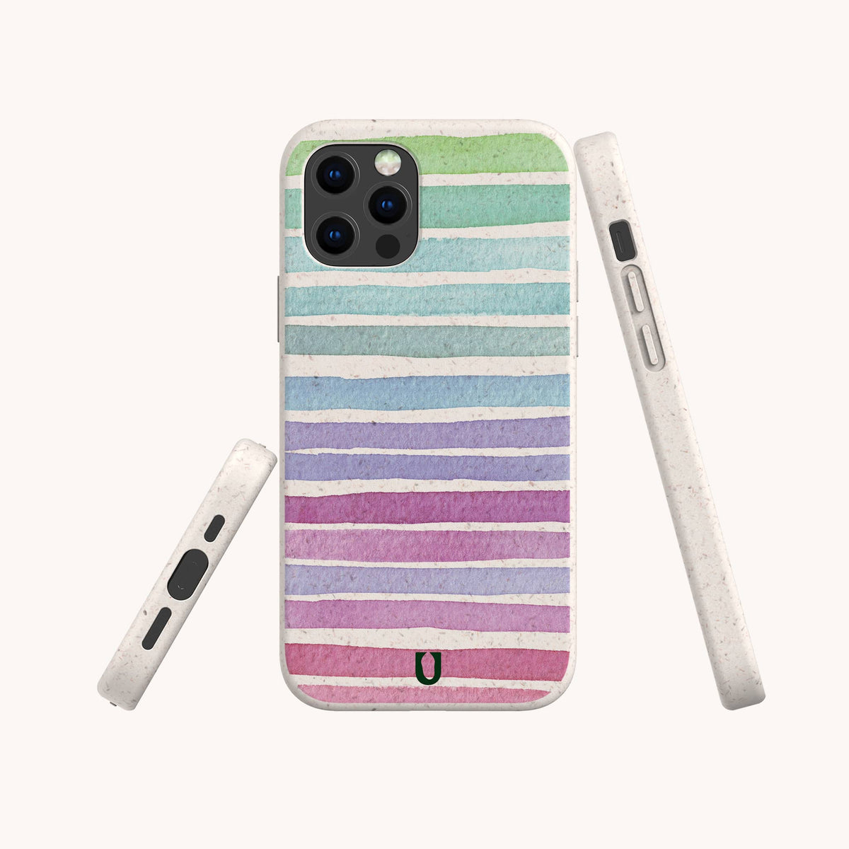 The Winter Rainbow Eco-Friendly Phone Case features pastel horizontal stripes in green, blue, purple, and pink hues. Displayed from the back, side, and bottom angles against a light background, this sustainable case offers a playful yet stylish look while being made from eco-friendly materials for a conscious accessory choice.