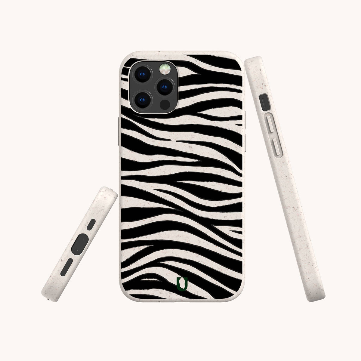 Three angles of the Zebra Eco-Friendly Phone Case with a bold stripe pattern are displayed on a smartphone, featuring a small green horseshoe-shaped logo near the bottom. The case includes precise cutouts for ports and buttons.