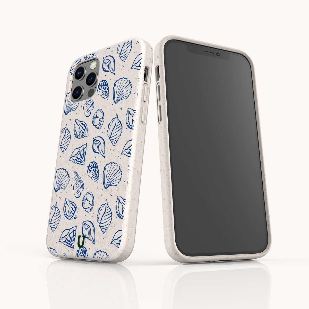 Two smartphones feature the Sea Shells Eco-Friendly Phone Case in speckled white; one displays a charming blue seashell pattern on the back, highlighting the unique design, while the other showcases the blank front screen.
