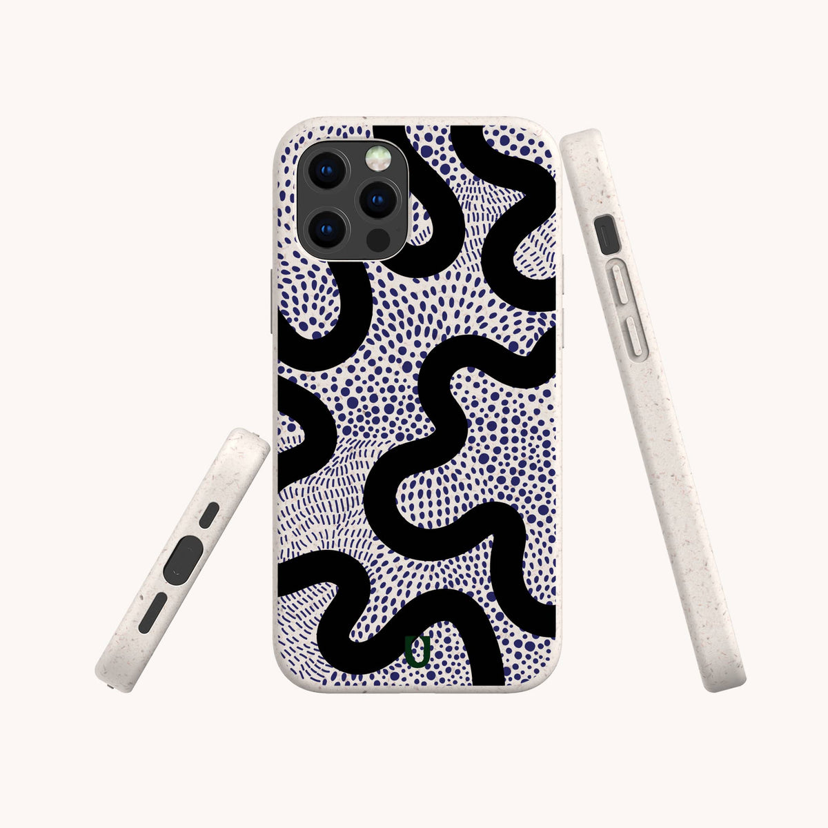 Three views of the Speckled Swirl Eco-Friendly Biodegradable Phone Case, featuring a black wavy line and blue dot pattern on a white background, displayed from the back, side, and angled edge on a plain off-white backdrop.