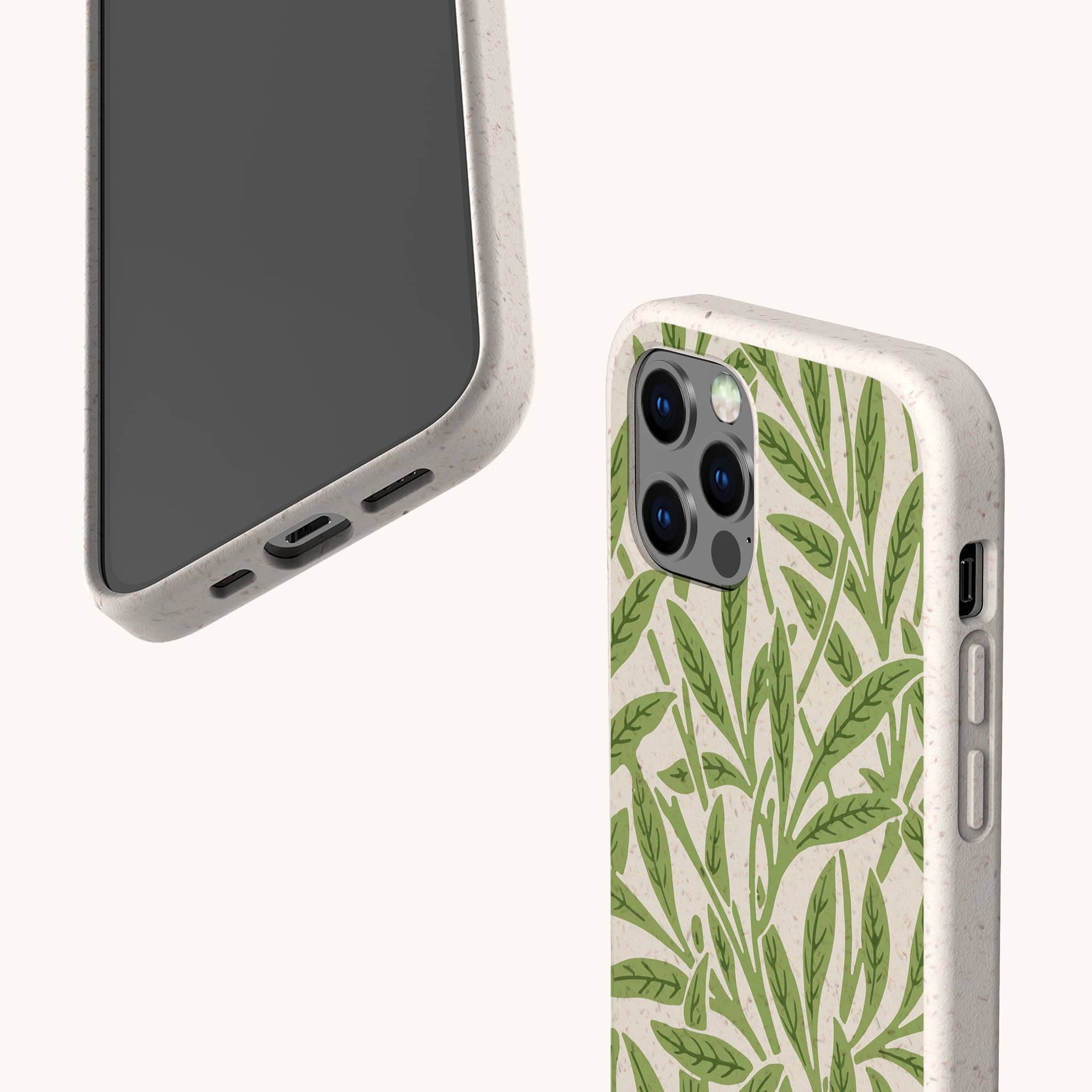 The Willow Eco-Friendly Phone Case features a beige background with a green leafy pattern, is plant-based, and is displayed front and back for iPhone and Samsung Galaxy, highlighting camera cutouts and side buttons.