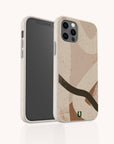 The Beige Abstract Eco-Friendly Phone Case features a minimalist design with curved shapes in shades of pink, brown, and black on a beige, speckled background. Shown facing forward and backward against a plain white backdrop, this phone case combines an abstract aesthetic with eco-friendly materials.