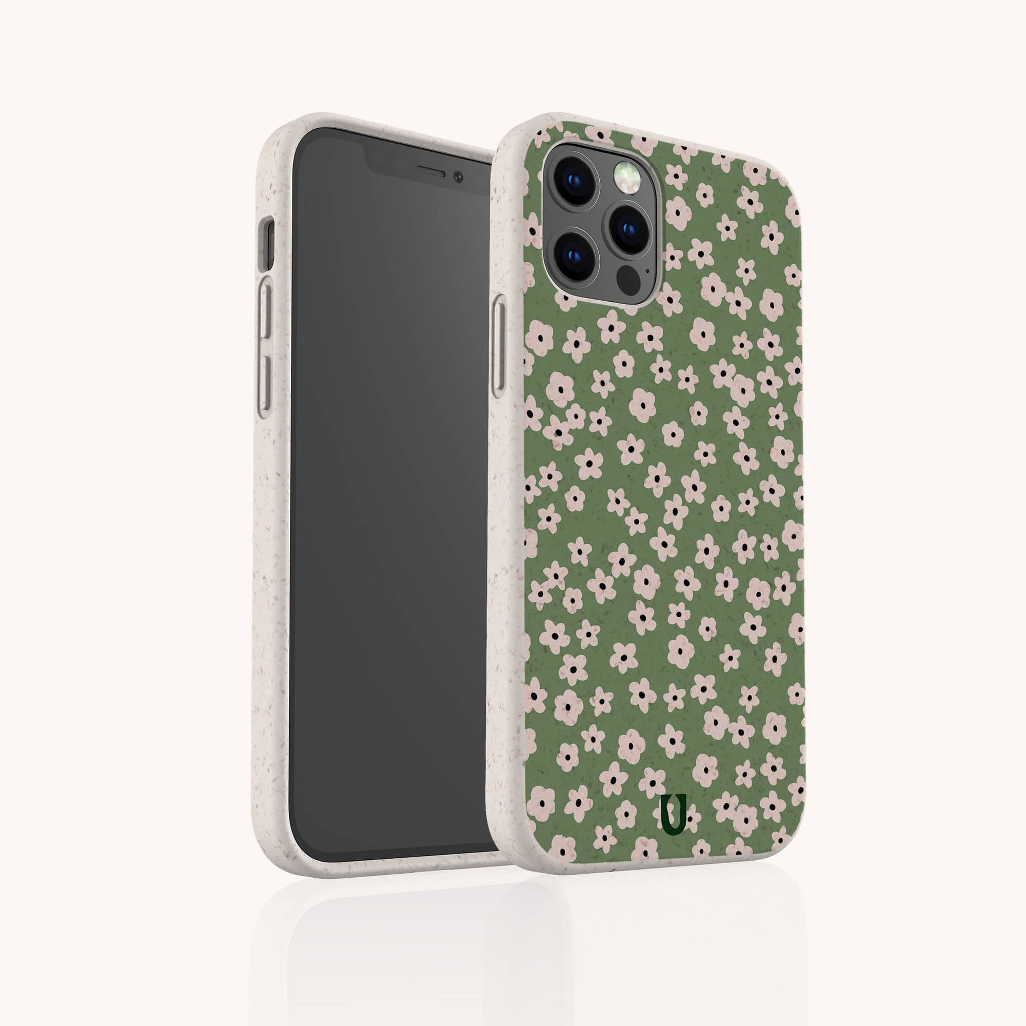 Two smartphones in Vintage Green Flowers Eco-Friendly Phone Cases—one shows the front screen, the other displays a charming vintage-style case with a green background and a pattern of small white and pink flowers.