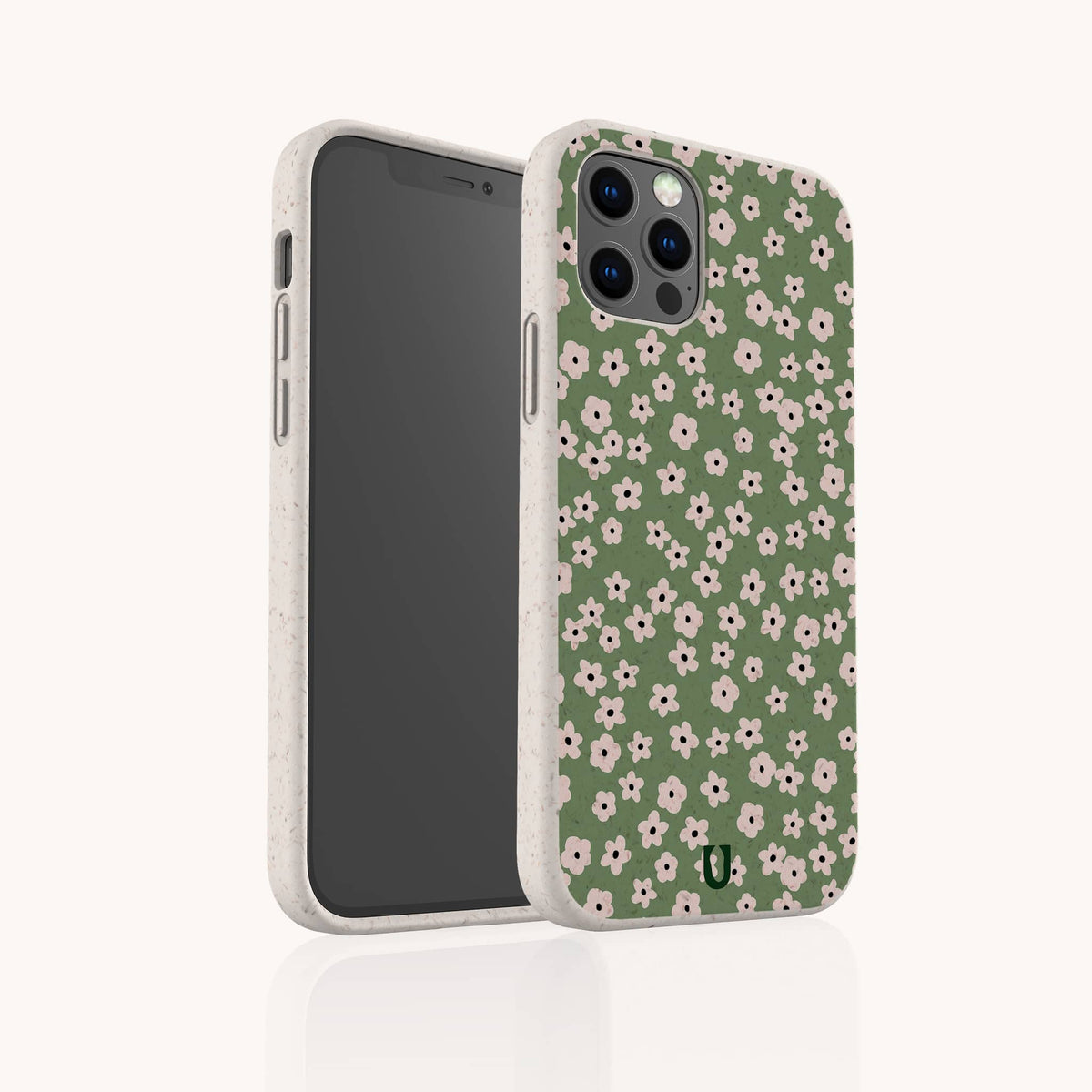 The Vintage Green Flowers Eco-Friendly Phone Case features a green design with a pattern of small pink and white blossoms, accented by a beige border. Displayed on the smartphone from both front and back views against a light background, this phone case exudes vintage charm while being eco-friendly.