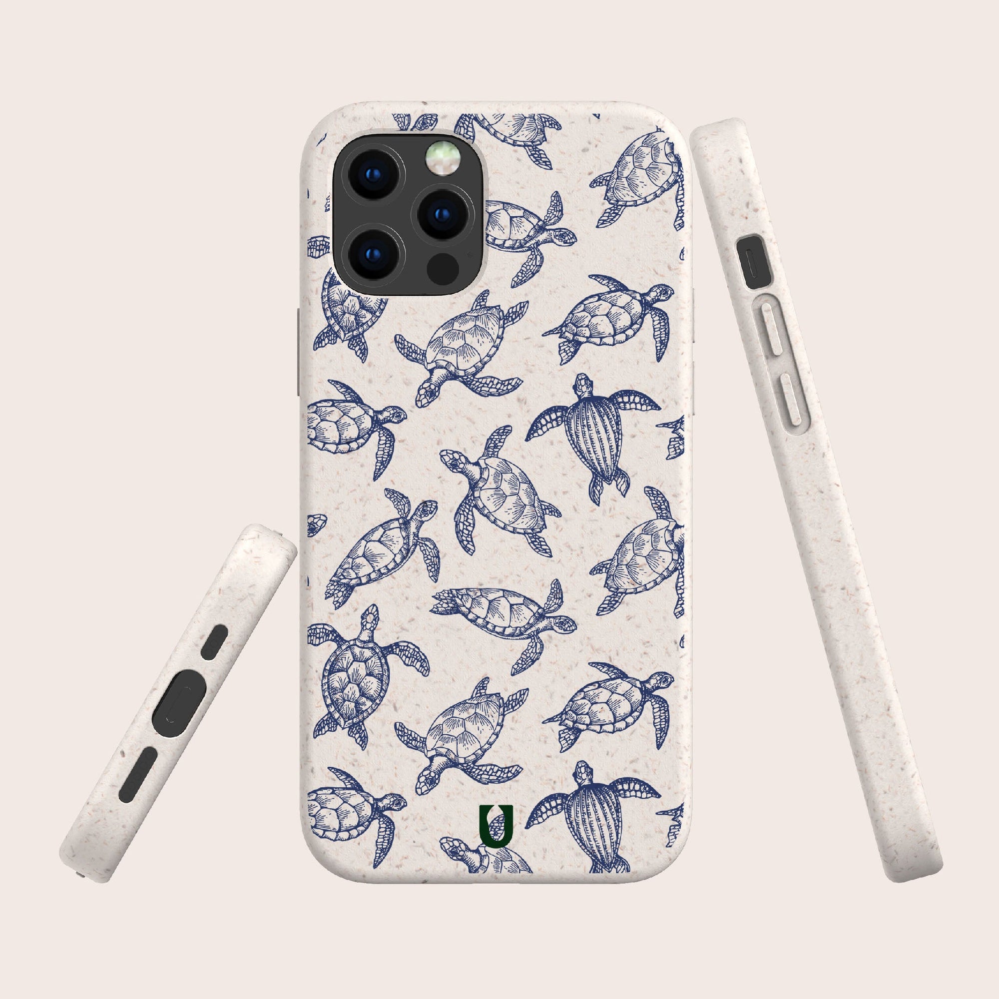 The Turtles Eco-Friendly Phone Case is made from sustainable materials and features blue sea turtle designs on a white speckled background, shown from the back and sides to highlight its design and precise button cutouts.