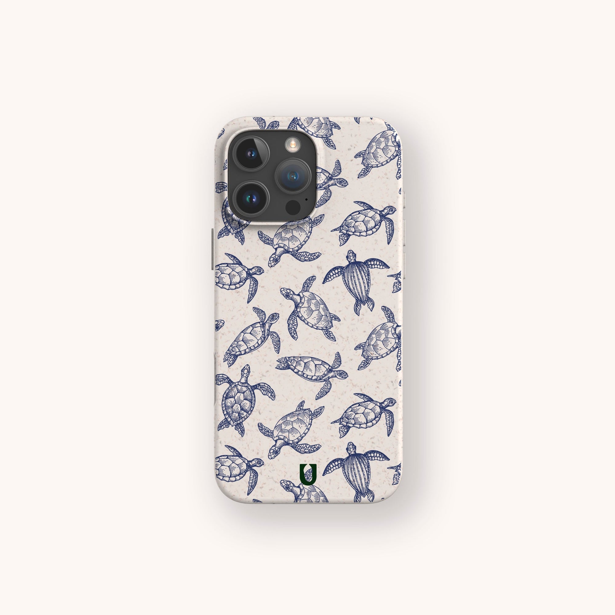 The Turtles Eco-Friendly Phone Case features a blue and white hand-drawn sea turtle pattern on a light background and is made from sustainable materials.