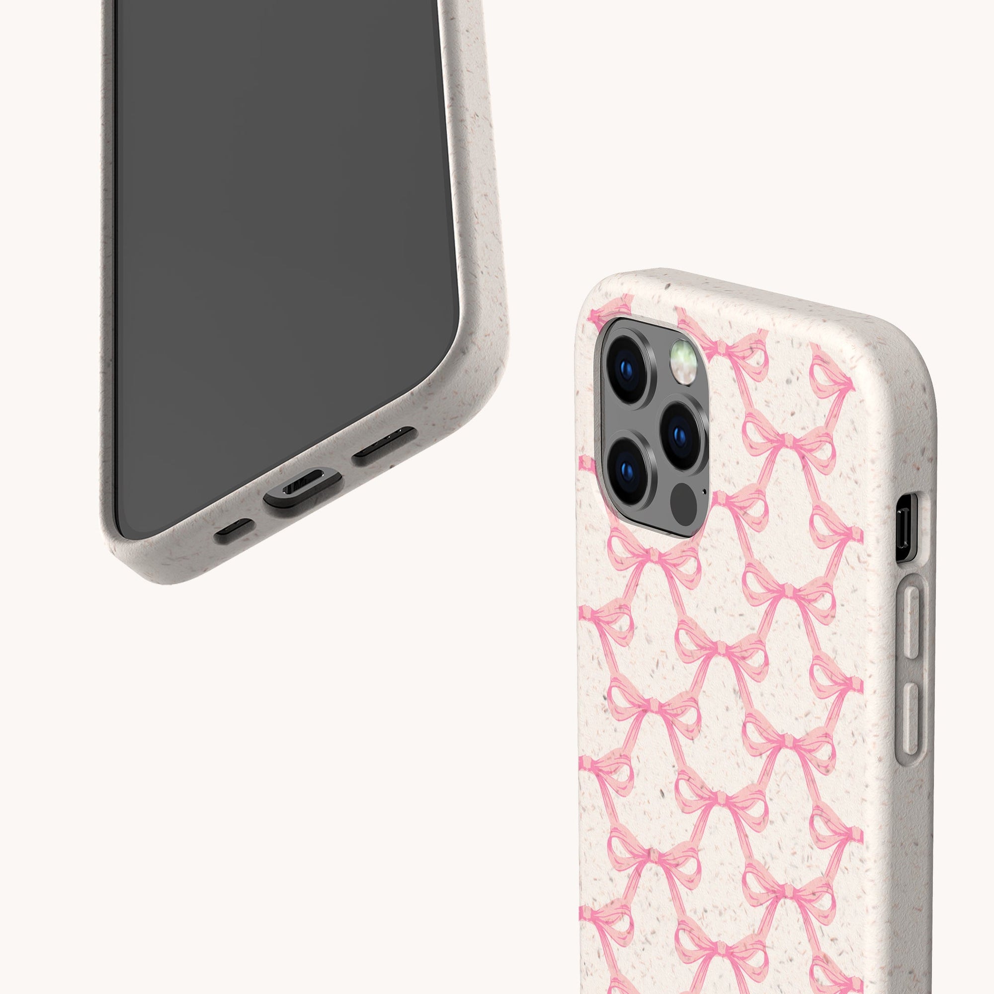 The Pink Bow Ribbons Eco-Friendly Biodegradable Phone Case features a beige, speckled design with a repeating pink bow pattern, shown from front and back on a plain light background.