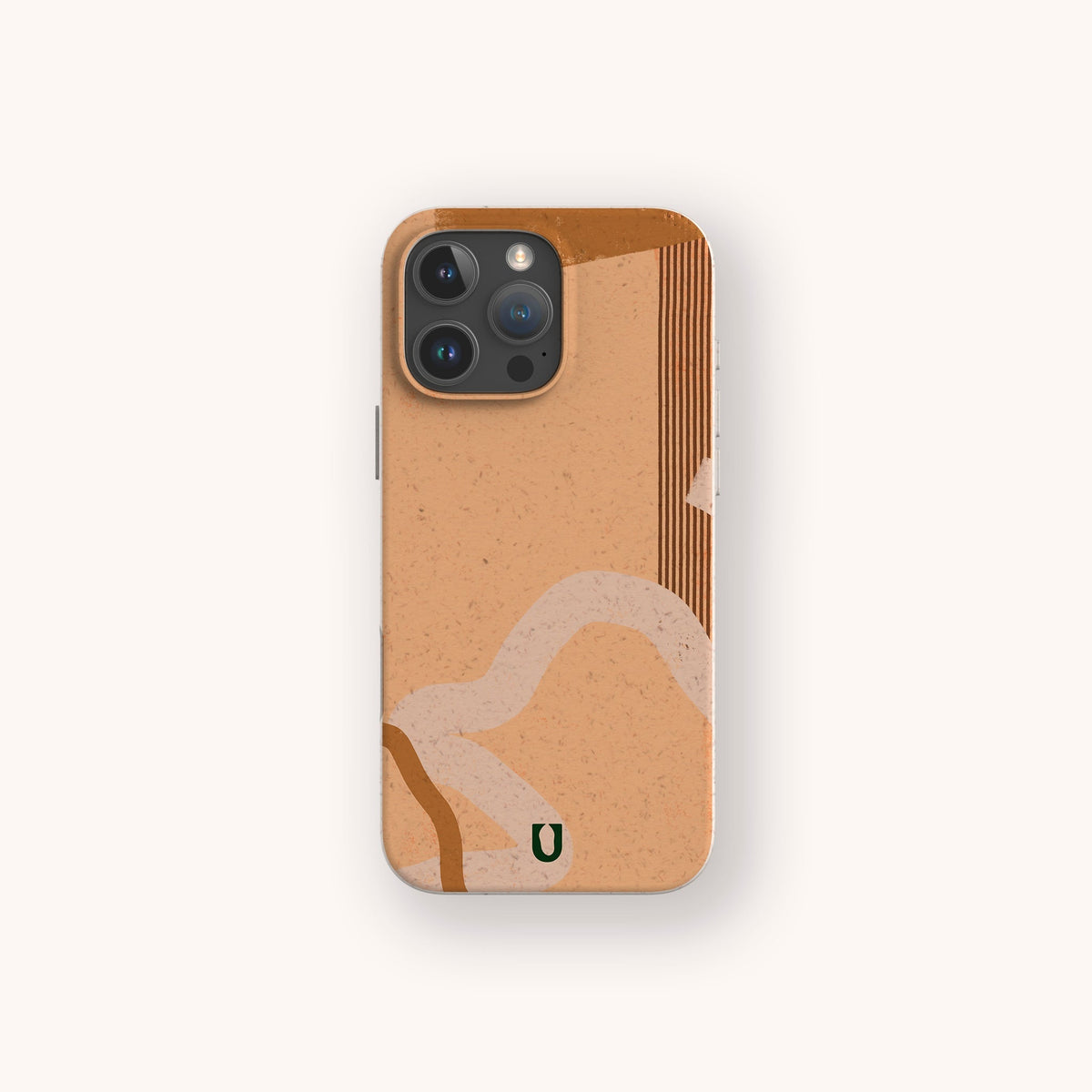 IPhone with the Terracotta Abstract Strokes Eco-Friendly Biodegradable Phone Case, featuring a beige and brown abstract pattern of curved and straight lines. A small green and black “U” logo is centered at the bottom of the case.