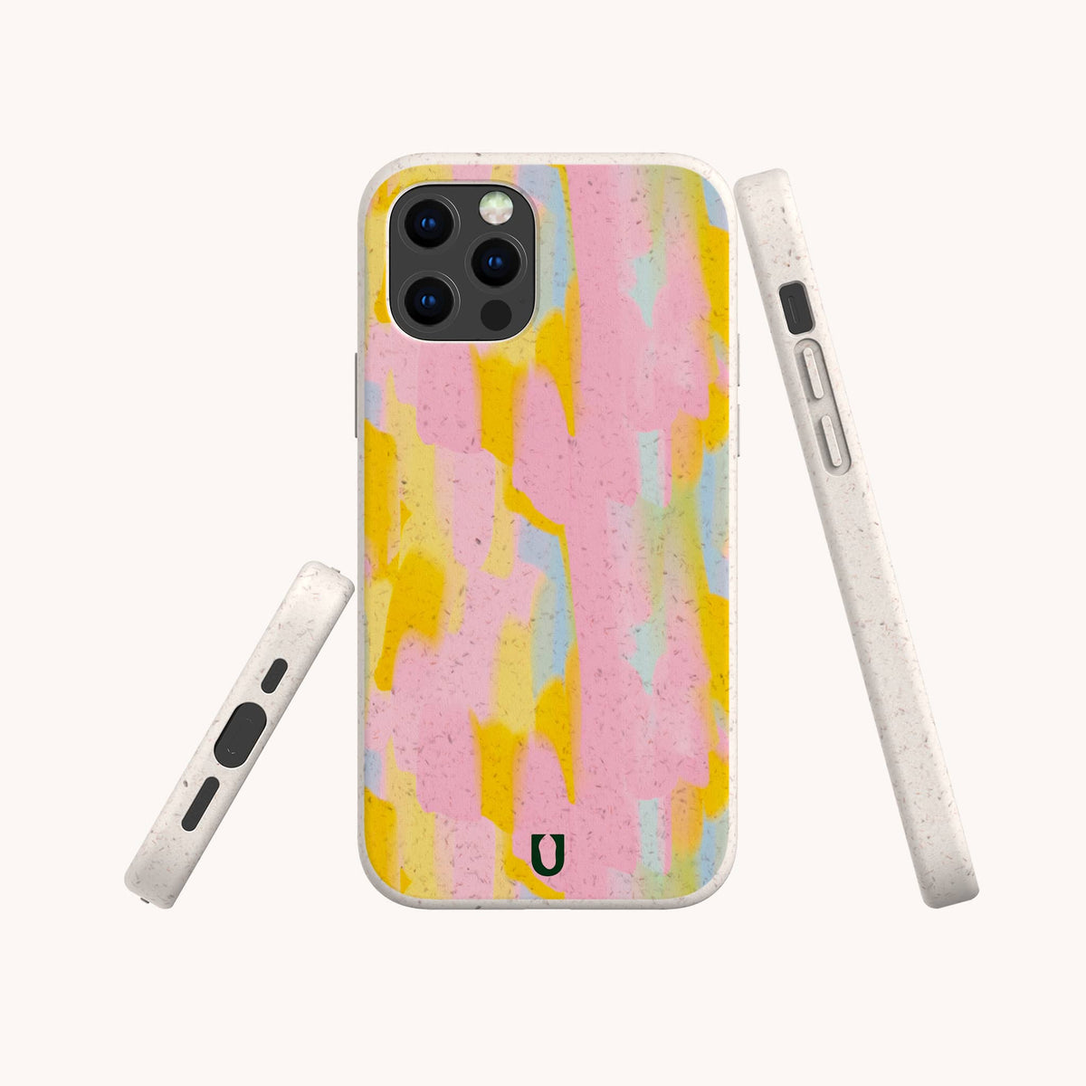 The Mango Sorbet Eco-Friendly Phone Case features a vegan design with abstract pastel patterns in pink, yellow, and blue. The case is shown from three different angles, highlighting the camera cutouts and side buttons.