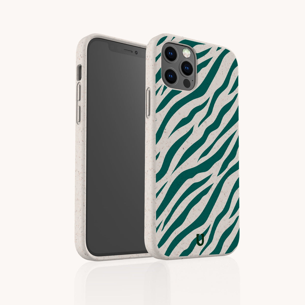 Showcasing the Green Zebra Stripes Eco-Friendly Phone Case: two off-white smartphones are displayed, one highlighting the vibrant green zebra stripe pattern and small logo on the back, while the other reveals its sleek screen. Crafted from sustainable materials, these cases offer a bold, eco-conscious style.