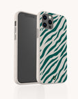 Showcasing the Green Zebra Stripes Eco-Friendly Phone Case: two off-white smartphones are displayed, one highlighting the vibrant green zebra stripe pattern and small logo on the back, while the other reveals its sleek screen. Crafted from sustainable materials, these cases offer a bold, eco-conscious style.