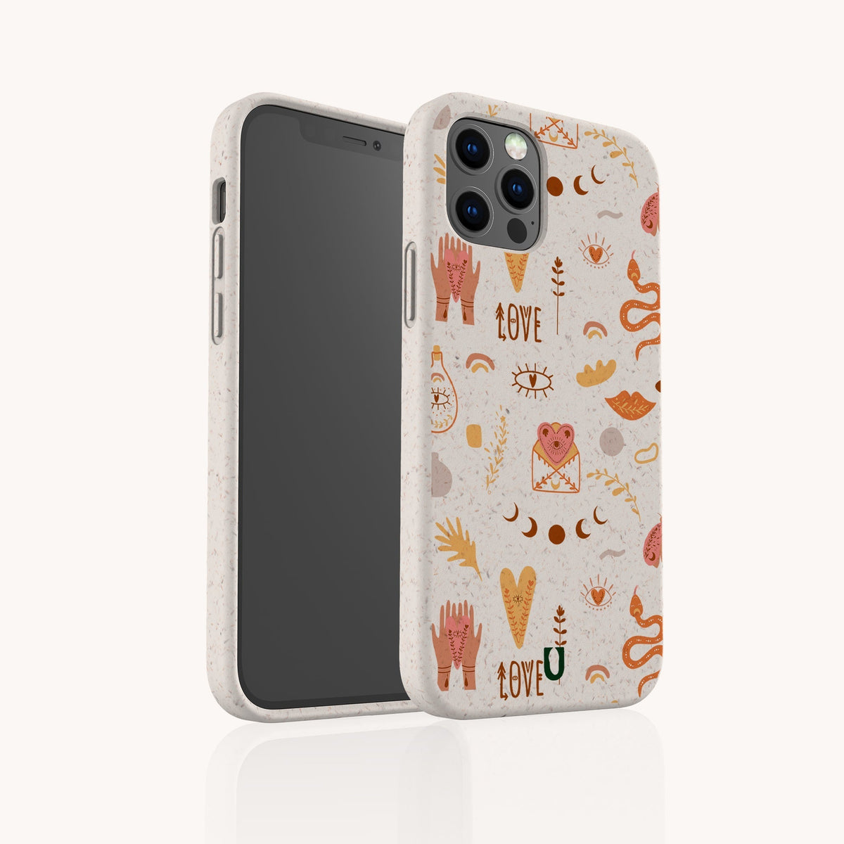 Two Love Potion Eco-Friendly Phone Cases, featuring mystical symbols such as hands, hearts, moons, eyes, leaves, snakes, stars, and the word LOVE in earthy red, orange, and brown hues on a cream background—perfect for sustainable gifting.