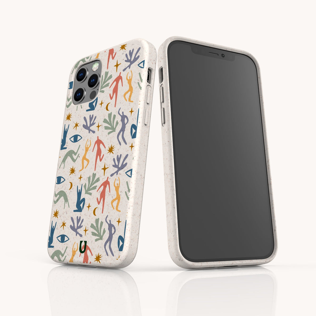 Two Joie de Vivre Eco-Friendly Phone Cases in white, each featuring colorful abstract human figures, eyes, and plant shapes. One phone highlights the artistic case design on its patterned back, while the other displays a blank screen. The background is plain and light.