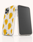 Two smartphones in white, fitted with Mangoes Eco-Friendly Biodegradable Phone Cases, display a lively pattern of yellow mango halves sporting blue sunglasses. One phone highlights the playful design of the Mangoes Eco-Friendly Biodegradable Phone Case, while the other reveals its smooth black screen. The cases feature a subtle speckled texture, enhancing their unique and sustainable appeal.