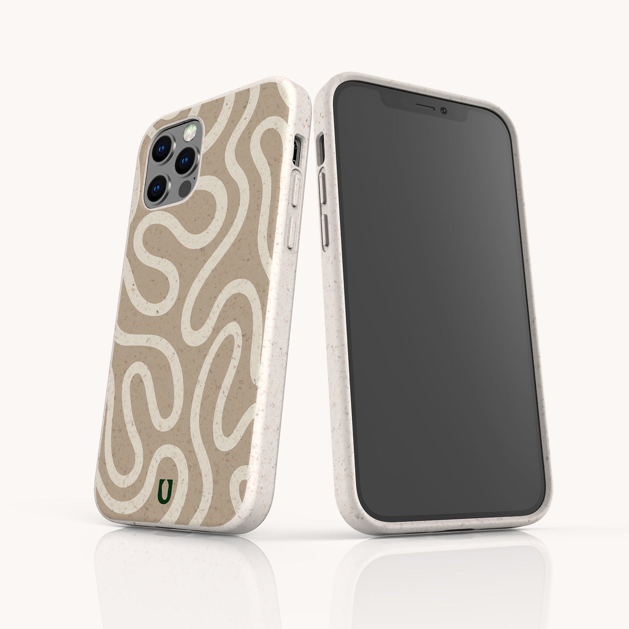 Two smartphones display the Neutral Swirl Lines Eco-Friendly Phone Case in a minimalist beige design; one shows the front screen, while the other reveals the back with swirl lines, camera cutout, and a small green eco logo near the bottom.
