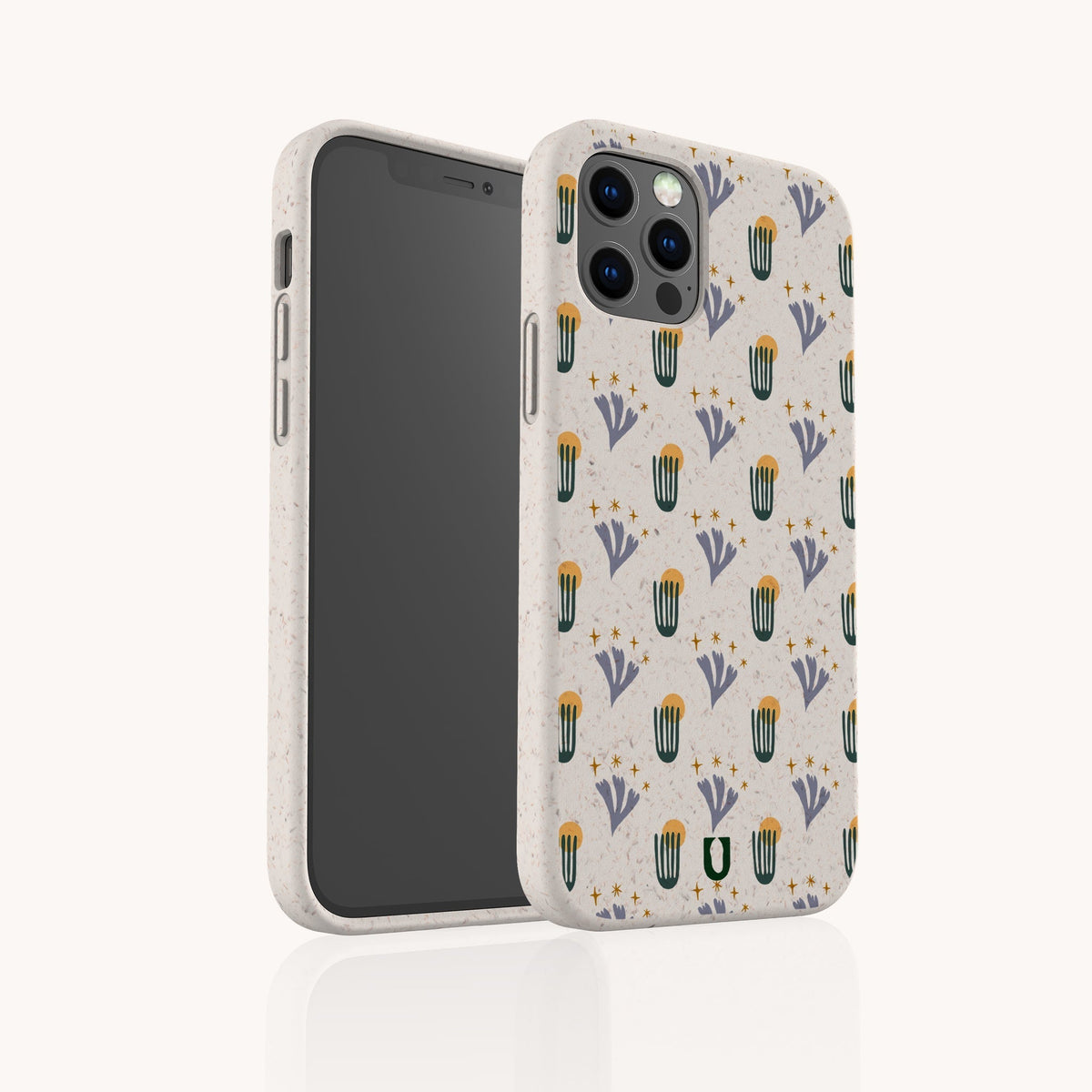 A smartphone in the Sunny Side Up Eco-Friendly Phone Case, featuring a beige background with a green cactus and purple flower pattern, is displayed upright with both the front and back visible against a light backdrop.