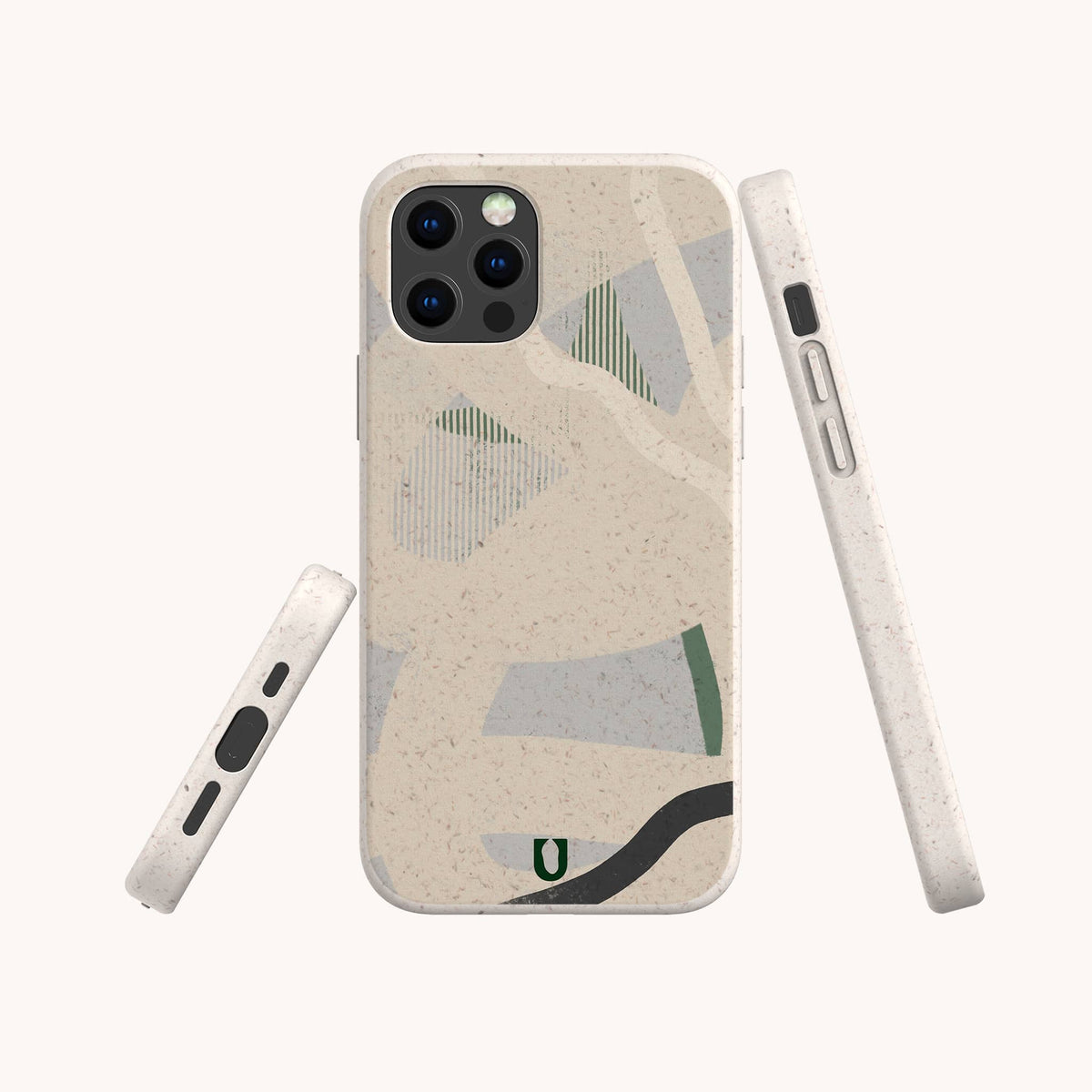 Green Abstract Lines Eco-Friendly Phone Case in beige, featuring abstract green, black, and gray shapes, displayed from the back, side, and bottom angles against a light background.