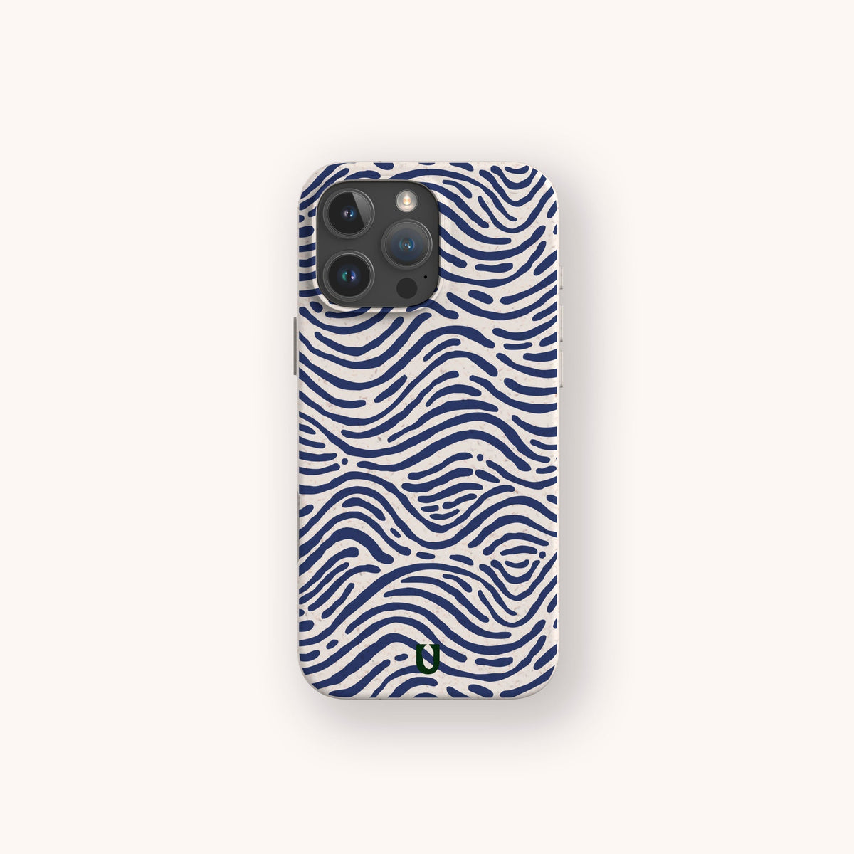 The Ocean Waves Eco-Friendly Phone Case in white showcases wavy blue lines and dot patterns inspired by abstract ocean waves, set against a plain light background.