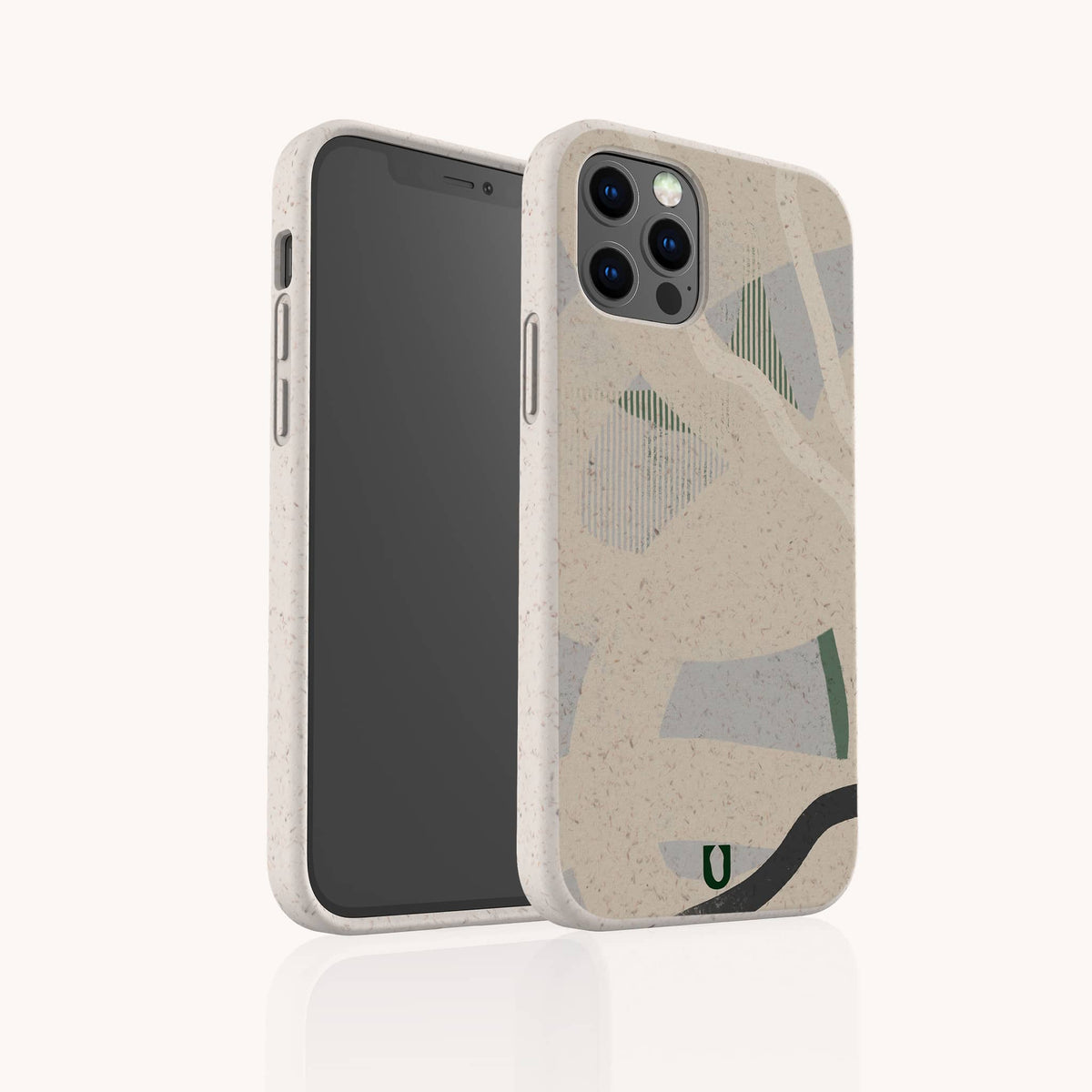 The Green Abstract Lines Eco-Friendly Phone Case, featuring a beige base with abstract green and gray patterns, is displayed on a smartphone shown both front and back against a plain white background.