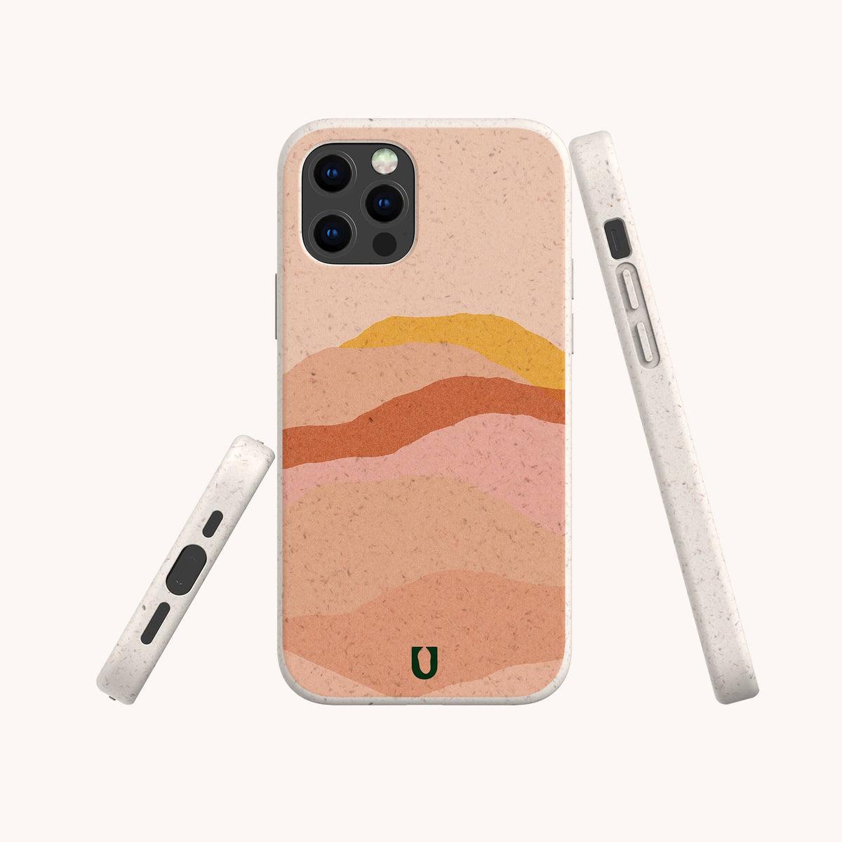 Three views of the Hills Eco-Friendly Phone Case featuring a minimalist sunset design in earthy tones and a small green horseshoe logo at the bottom, displayed against a plain white background.