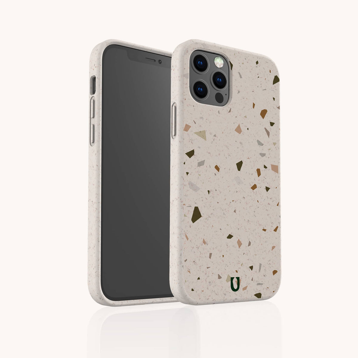 Two smartphones in off-white, each fitted with the Brown Terrazzo Eco-Friendly Phone Case. The cases feature small, multicolored terrazzo flecks for a stylish design—one phone displays the screen, while the other reveals the back and camera lenses to showcase this chic and sustainable phone case.