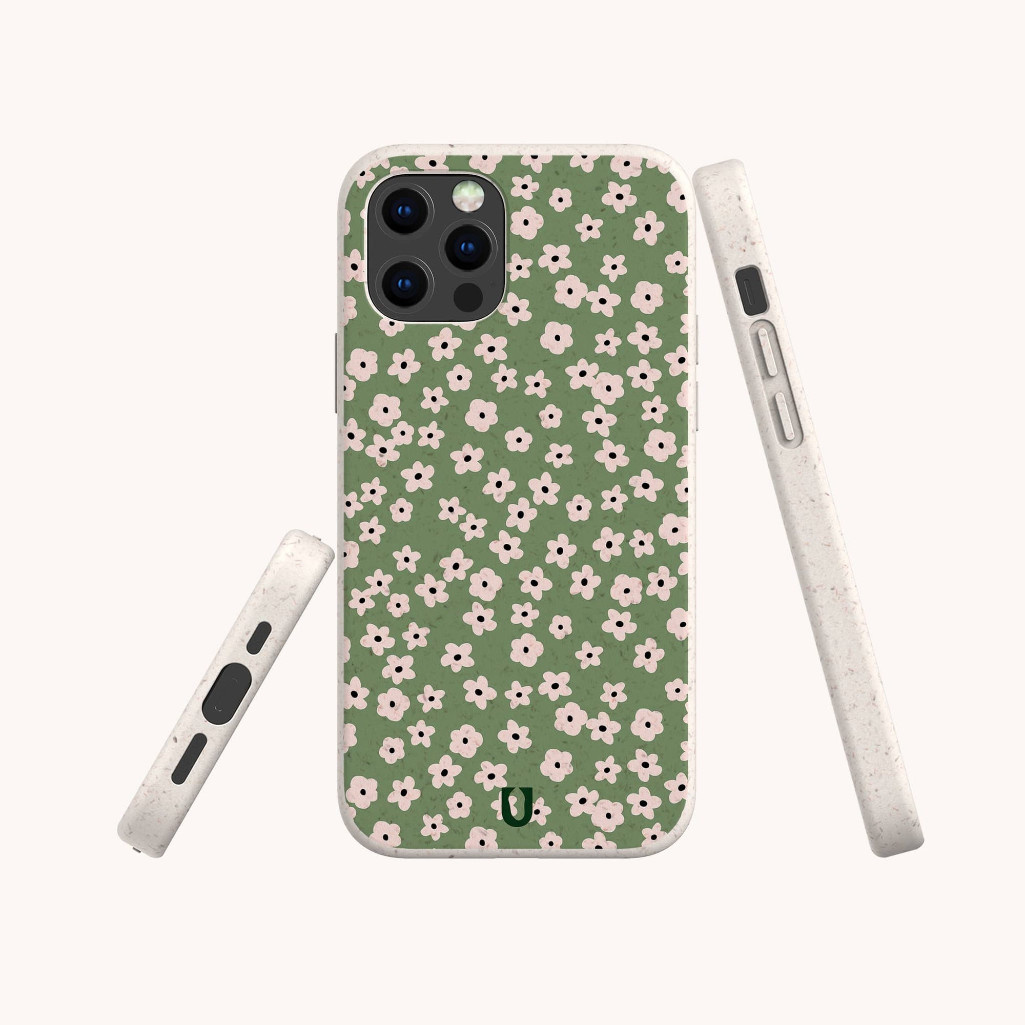The Vintage Green Flowers Eco-Friendly Phone Case features a green background with white and pink flowers. Displayed from the back, side, and bottom on a plain light background.