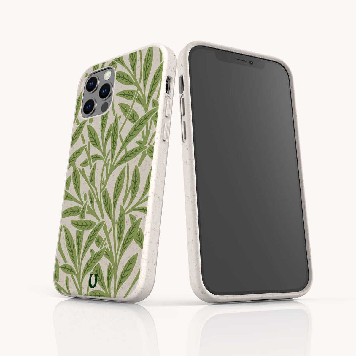 Two smartphones featuring the Willow Eco-Friendly Phone Case in white—one case displays a green, leafy plant pattern on the back, while the other highlights a blank screen and visible side buttons. Both iPhone and Samsung Galaxy versions of the Willow case showcase a subtle speckled texture with a small logo near the bottom.