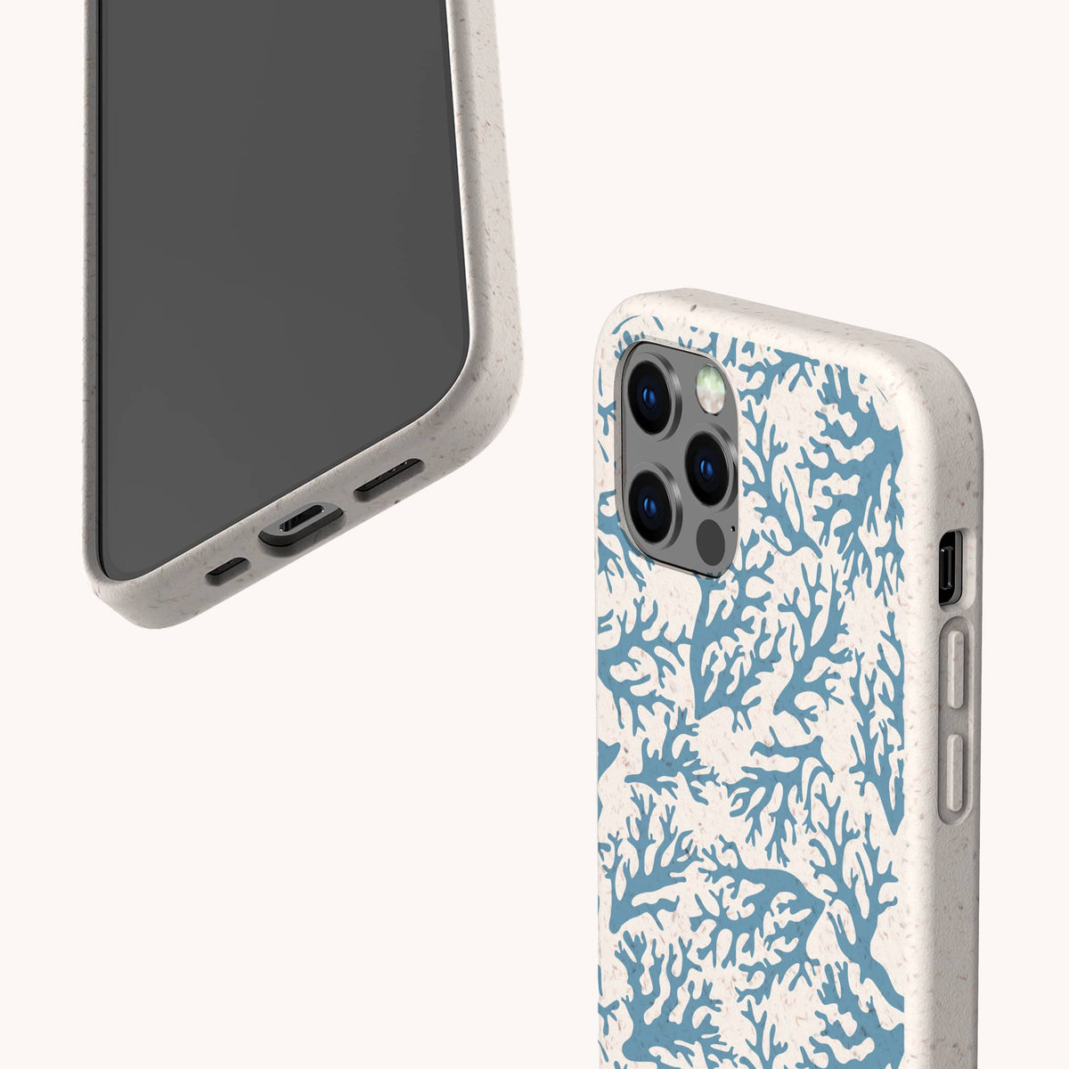 Two views of a smartphone in the Blue Coral Eco-Friendly Phone Case; one view highlights the screen and ports, while the other showcases the back with cameras and a striking blue and white coral pattern inspired by marine life.