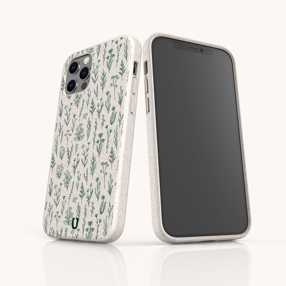 Two smartphones in speckled off-white cases are displayed against a plain white background; one showcases the Green Wild Flowers Eco-Friendly Phone Case, featuring a botanical green plant pattern that embodies a minimalist floral design, while the other has its screen turned off. These phone cases are crafted with sustainability in mind.
