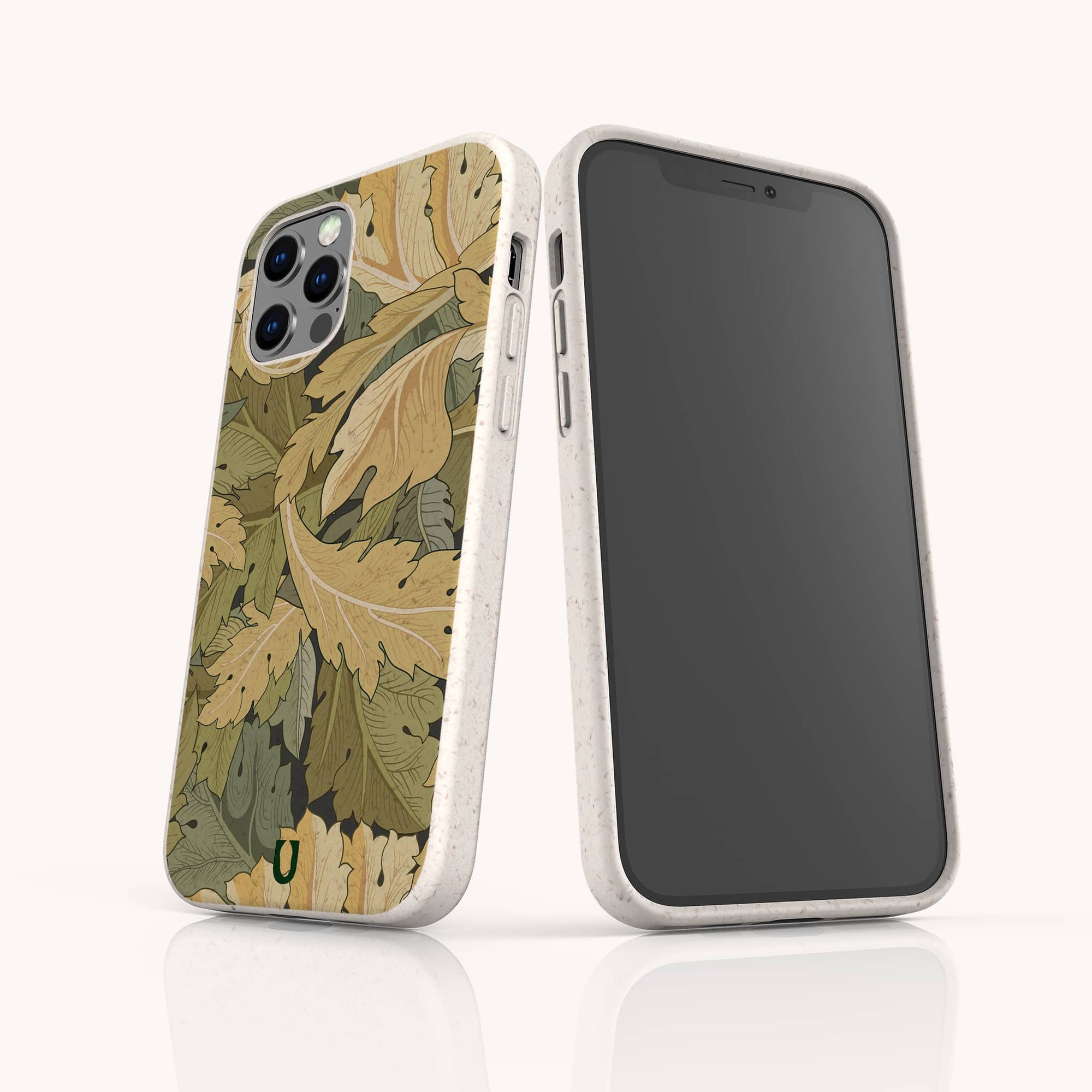 Two smartphones with Flower Garden Eco-Friendly Phone Cases in beige, showcasing a green and yellow leafy pattern; one displays the back design, the other the blank front. Made from compostable materials and fits iPhone and Samsung Galaxy.