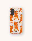 Introducing the Tigers Eco-Friendly Biodegradable Phone Case—a stylish white phone case adorned with a playful pattern of orange tigers in various poses. The light, subtly speckled background makes this eye-catching accessory both environmentally responsible and uniquely charming.