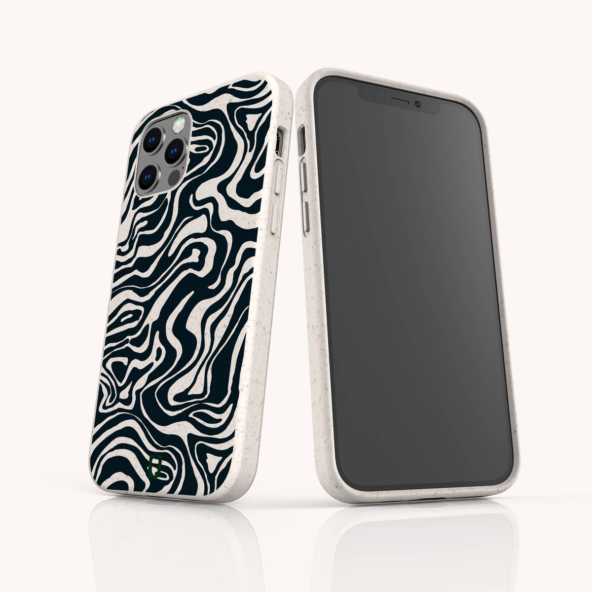 Two smartphones featuring the Black Marble Swirl Eco-Friendly Phone Case are displayed in upright positions against a white background. One phone reveals the back, showcasing the abstract black and white marble swirl design and camera, while the other presents the blank front screen.