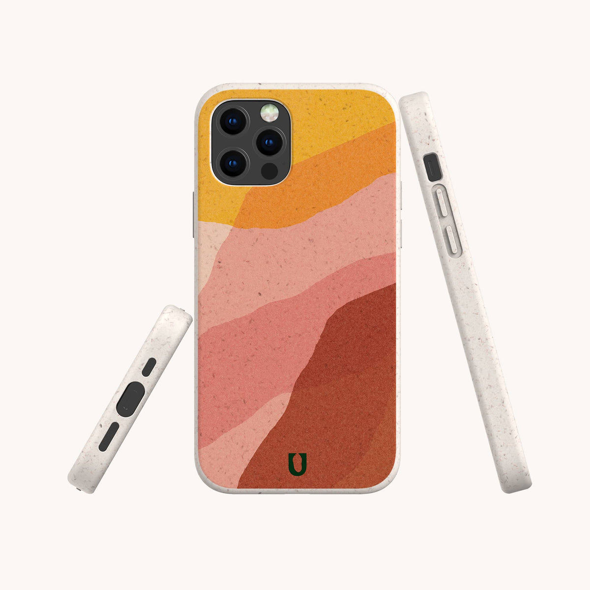 The Cliffs Eco-Friendly Phone Case features a soft, textured finish with abstract wavy stripes in yellow, orange, peach, and rust tones. Compatible with both iPhone and Samsung Galaxy models, this sustainable case is shown from the back, side, and bottom against a white background.