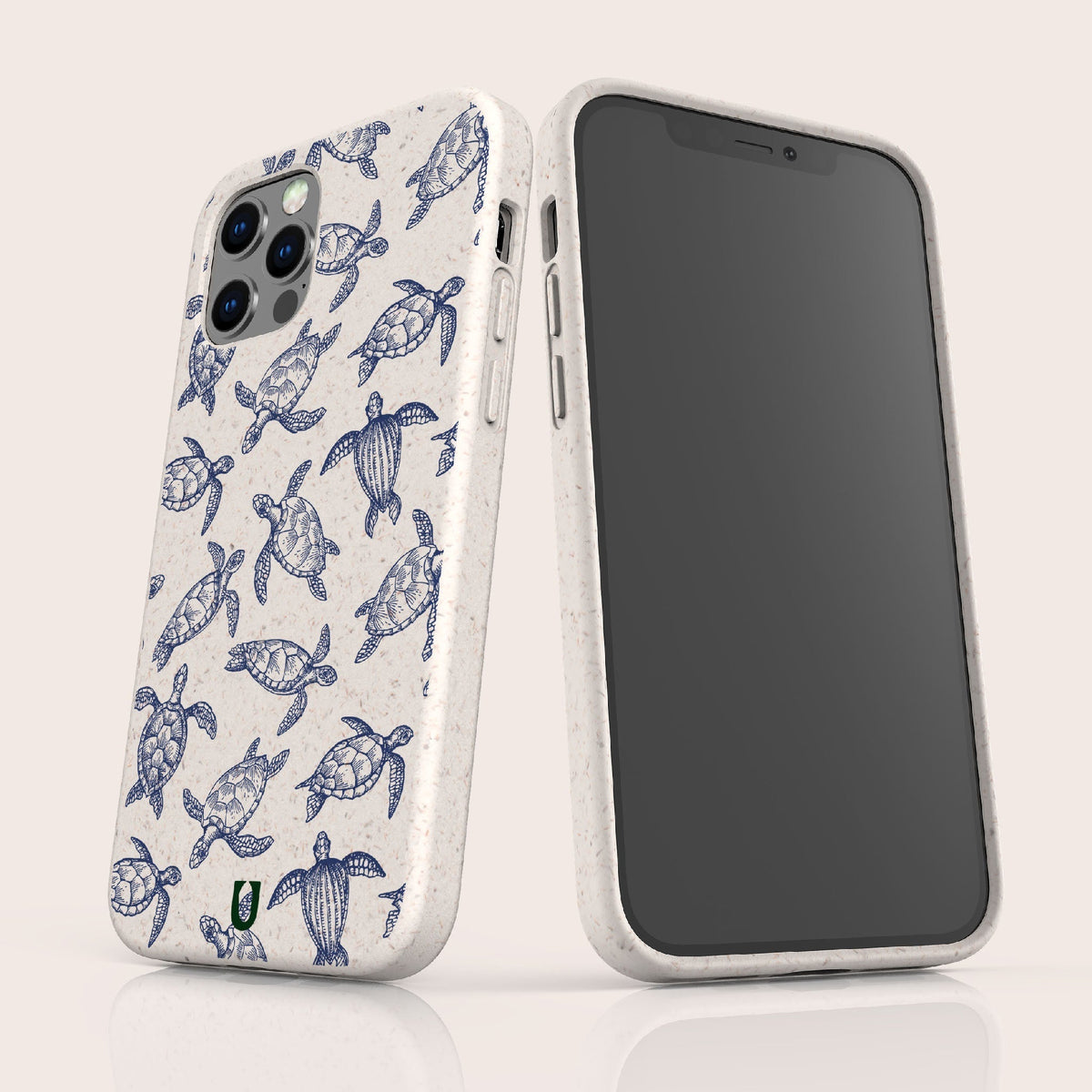 Two smartphones in eco-friendly speckled cases—crafted from sustainable materials—feature the Turtles Eco-Friendly Phone Case. One showcases a vibrant blue sea turtle design, while the other displays a blank black screen. Both cases have a natural, sustainable look.