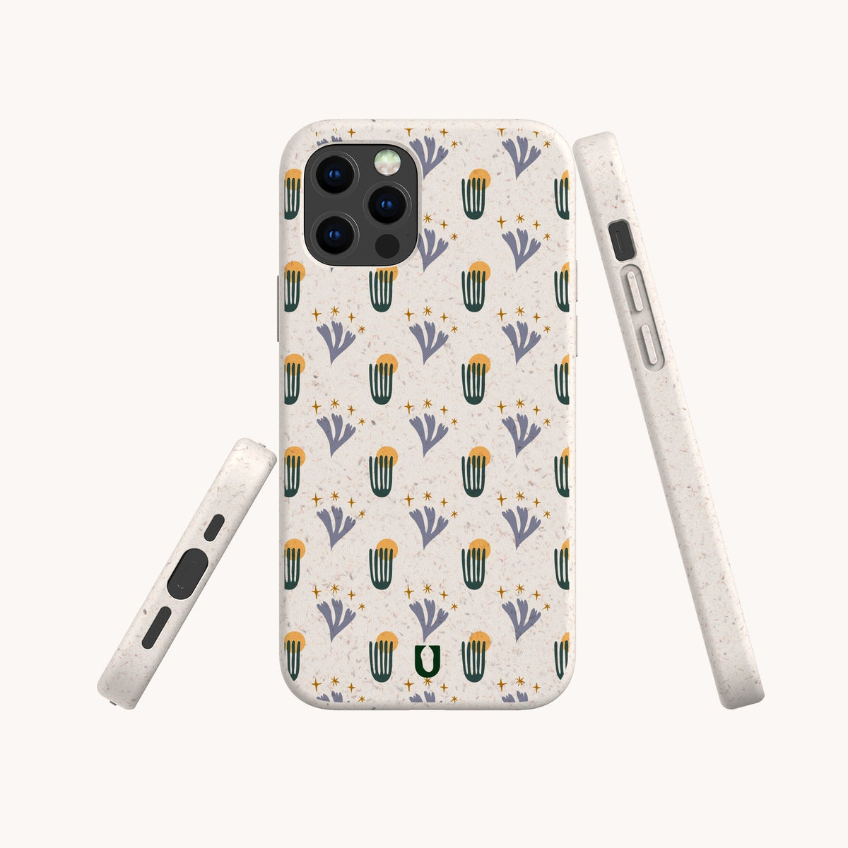 The Sunny Side Up Eco-Friendly Phone Case is shown from the back and sides, highlighting its beige color, sustainable design, and perfect fit. The case features a pattern of green cacti and purple flowers for an eco-conscious yet stylish look.