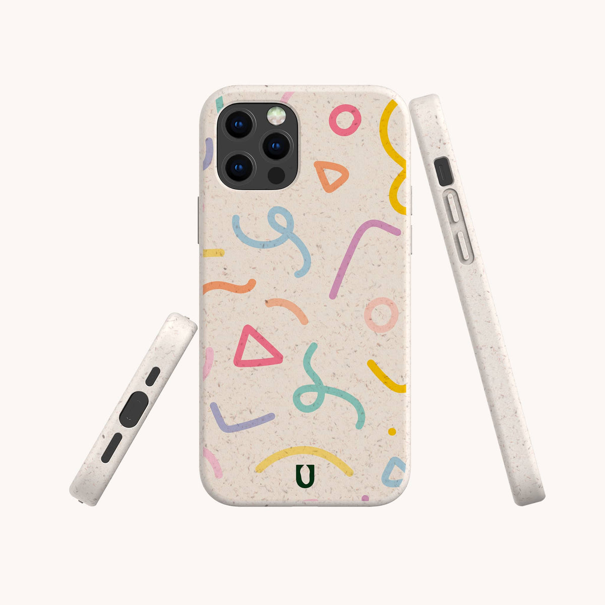 Three views of the Confetti Eco-Friendly Phone Case, featuring a speckled beige biodegradable material with colorful abstract shapes—squiggles, triangles, and curves in pink, blue, green, and yellow—displayed on a plain background. This eco-friendly case is compatible with both iPhone and Samsung devices.