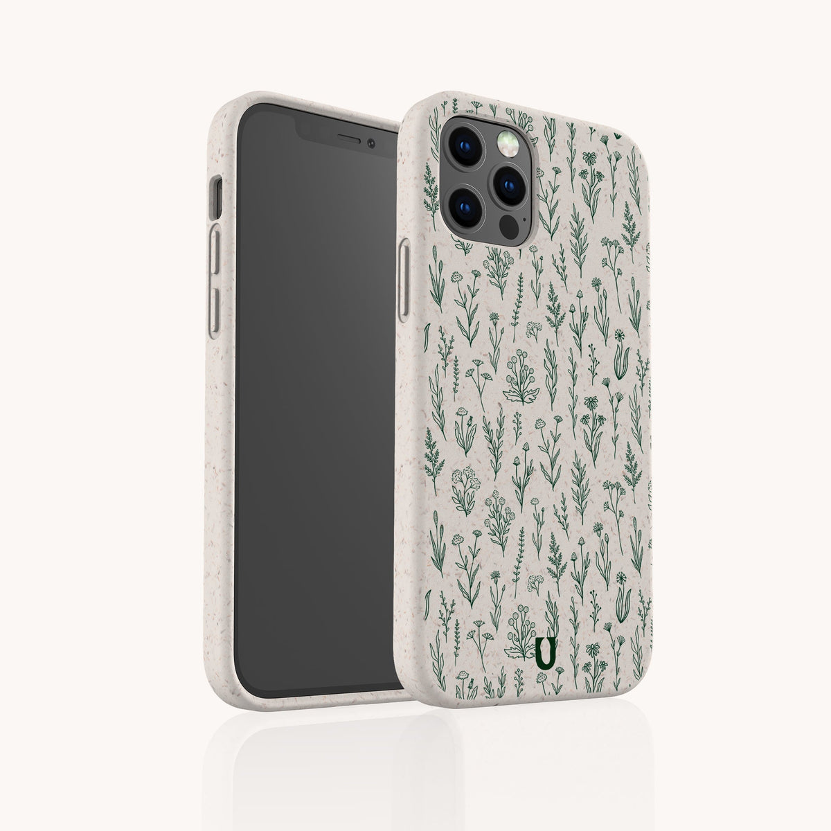 Two smartphones with matching beige cases adorned with a green wild flowers botanical pattern. One phone displays the screen while the other reveals the back and camera—showcasing the Green Wild Flowers Eco-Friendly Phone Case that blends style and sustainability.