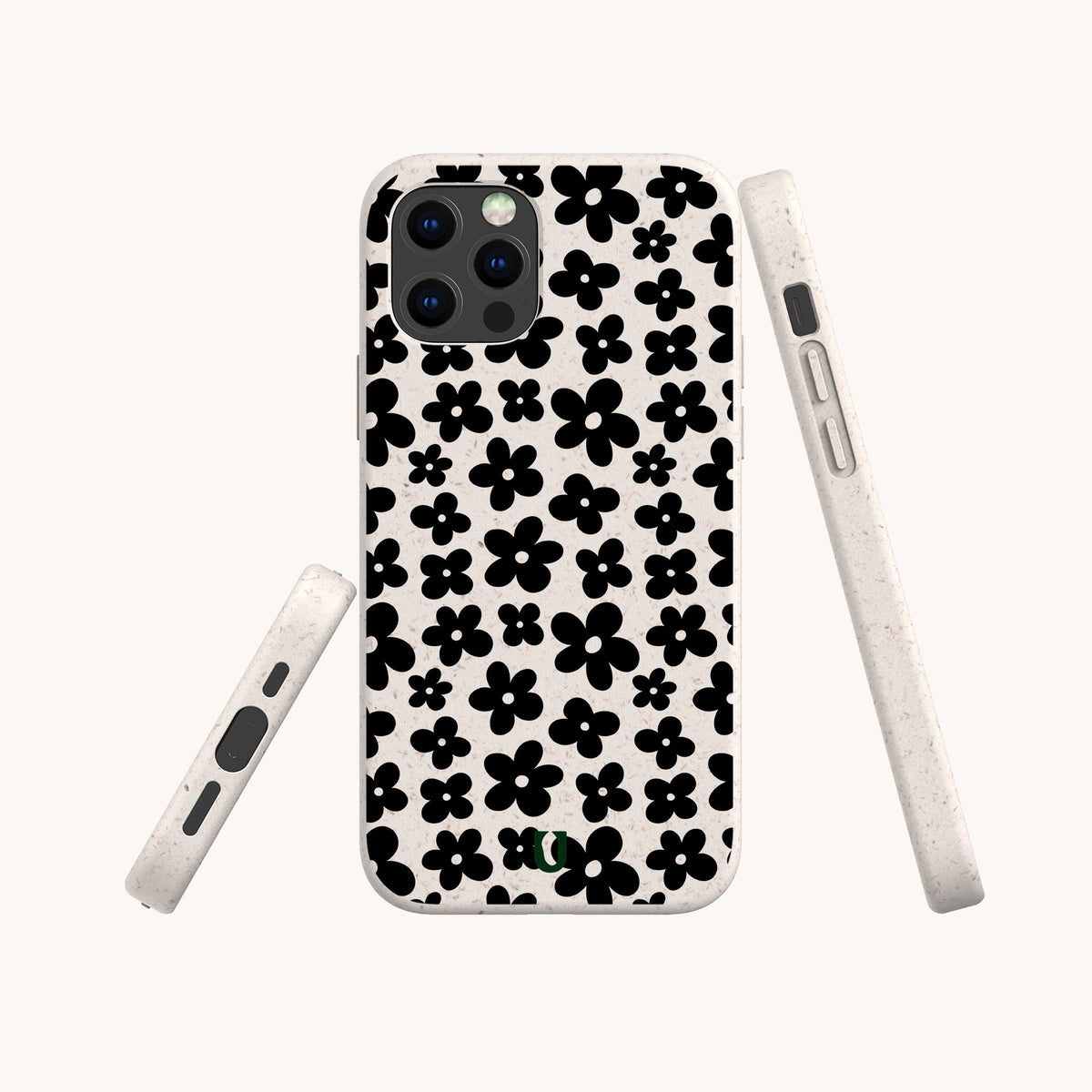 Three views of a smartphone with the Black Flower Power Eco-Friendly Phone Case, which features a pattern of black flowers on a white background. The case is displayed from the back and both sides against a plain white backdrop.