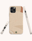 The Abstract Strokes Eco-Friendly Biodegradable Phone Case is displayed from the back, side, and bottom angles against a simple background. Featuring abstract geometric patterns in light brown tones on a beige base, this sustainable case combines artistic design with practical protection—making it an appealing choice for anyone seeking an eco-friendly phone case without sacrificing style.