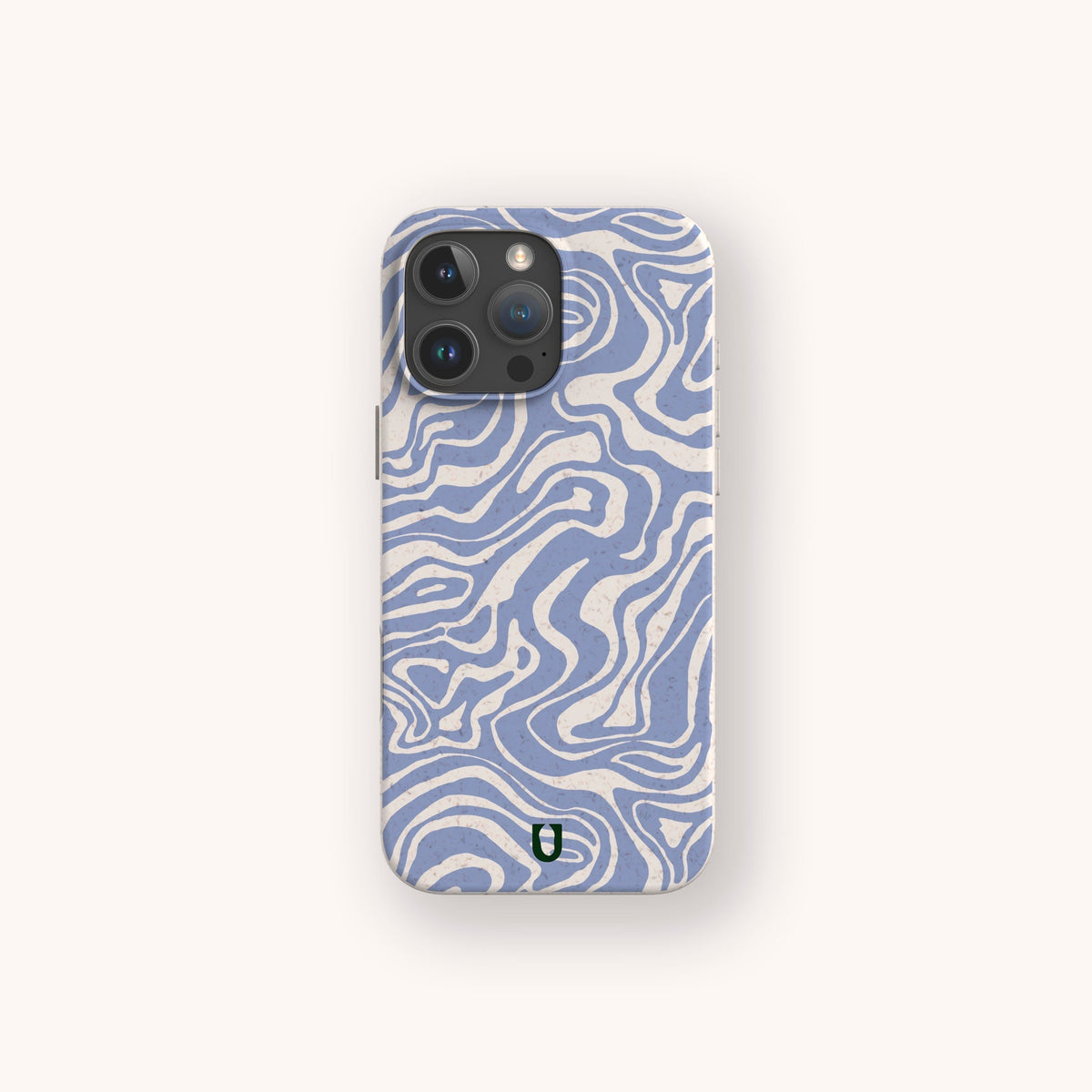 A Blue Marble Swirl Eco-Friendly Phone Case, featuring a blue and white wavy abstract pattern and a small green and black shield logo near the bottom, is centered on a light background.